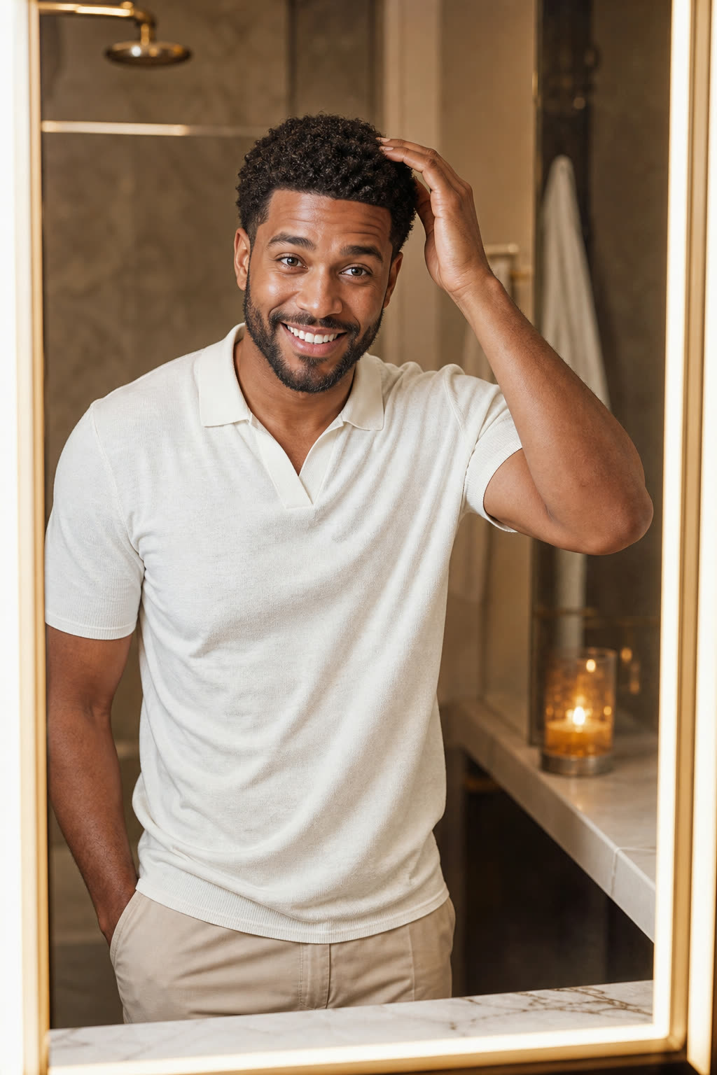 A man with dense healthy coils grinning at his reflection in a warm bright mirror