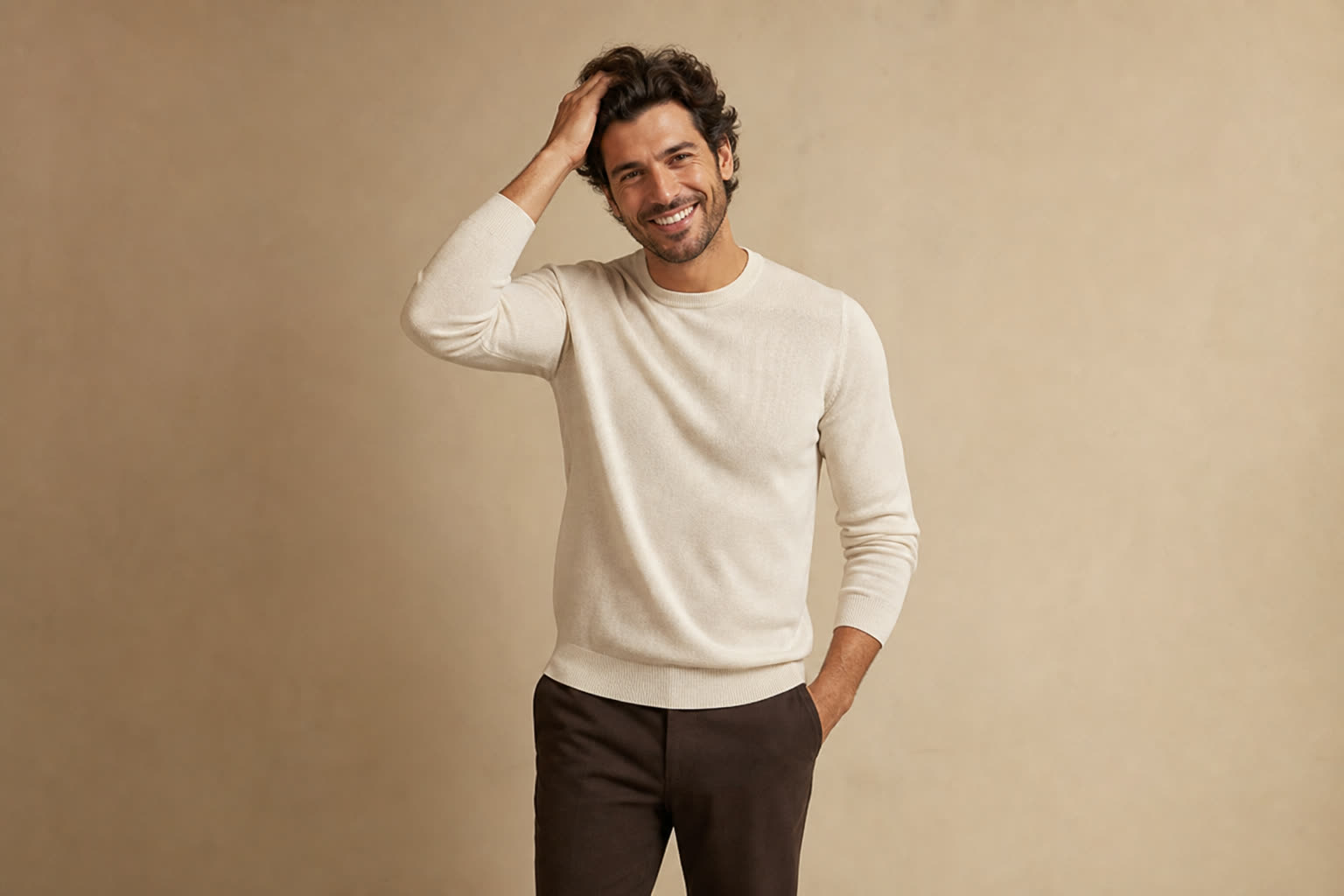 A man in his 30s with thick wavy hair, running one hand through it with an easy grin