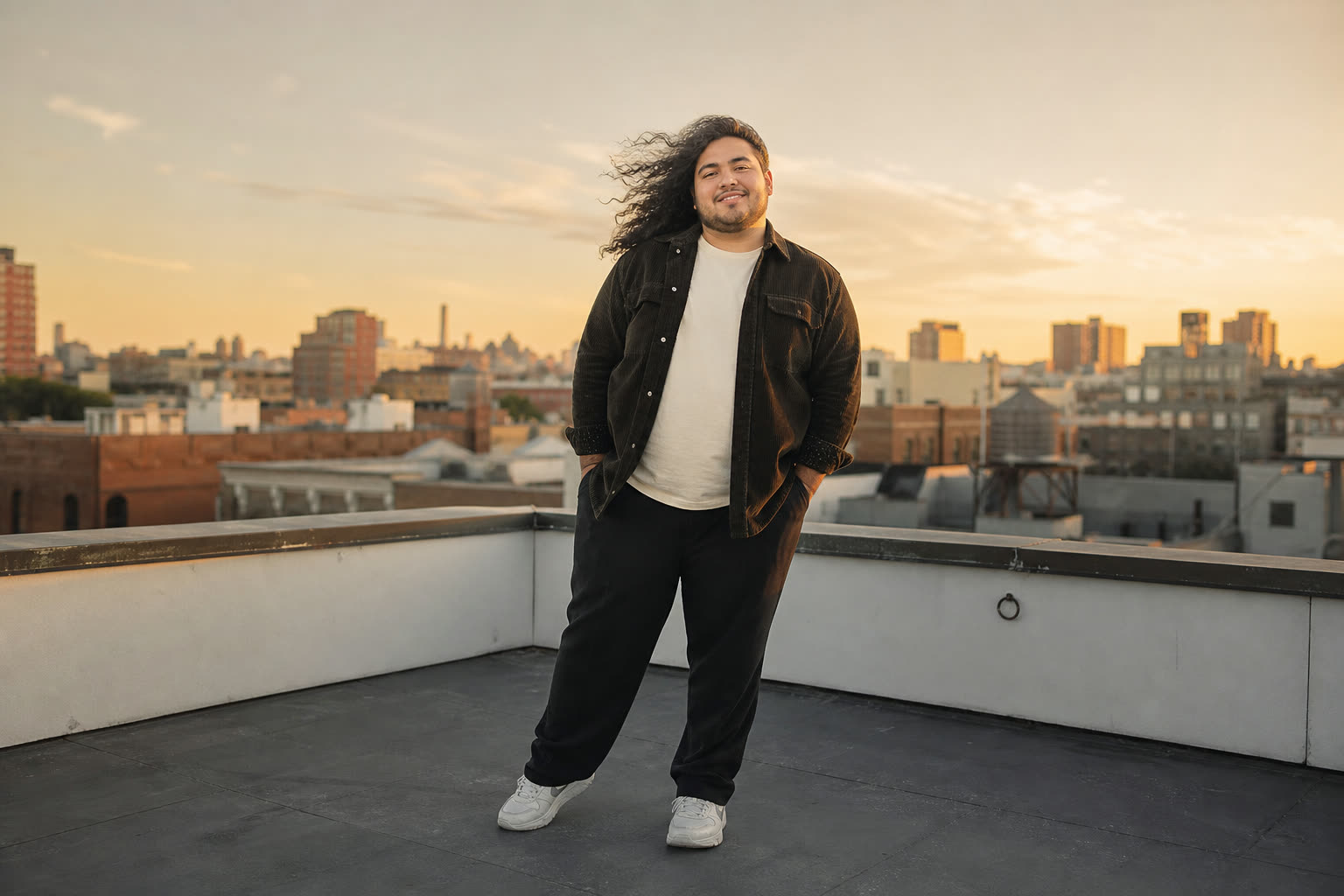 A late 20s man with a plus-size build on a rooftop at golden hour, hair caught in the wind