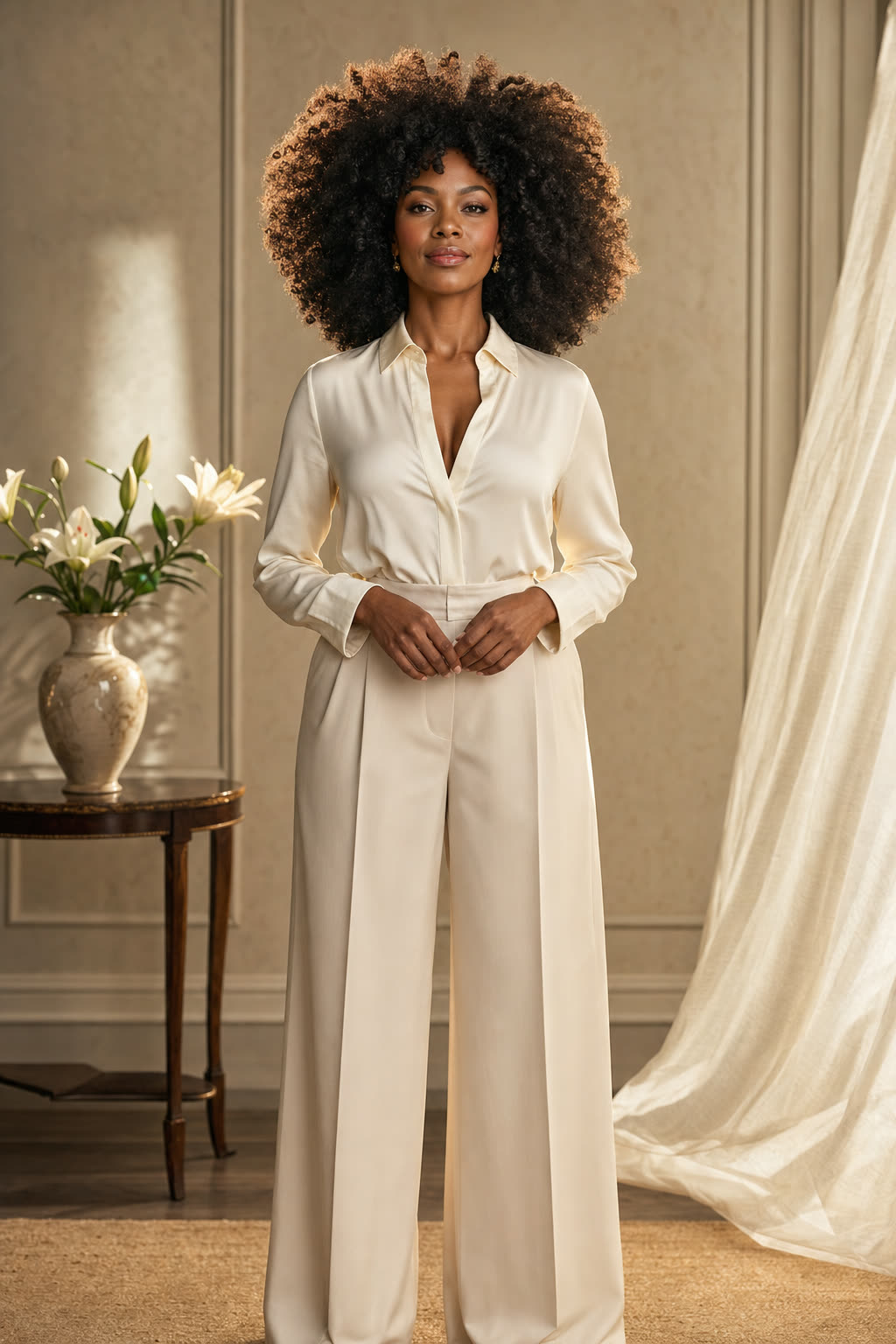 A woman with magnificent natural hair lit in warm golden light, gazing confidently at the camera
