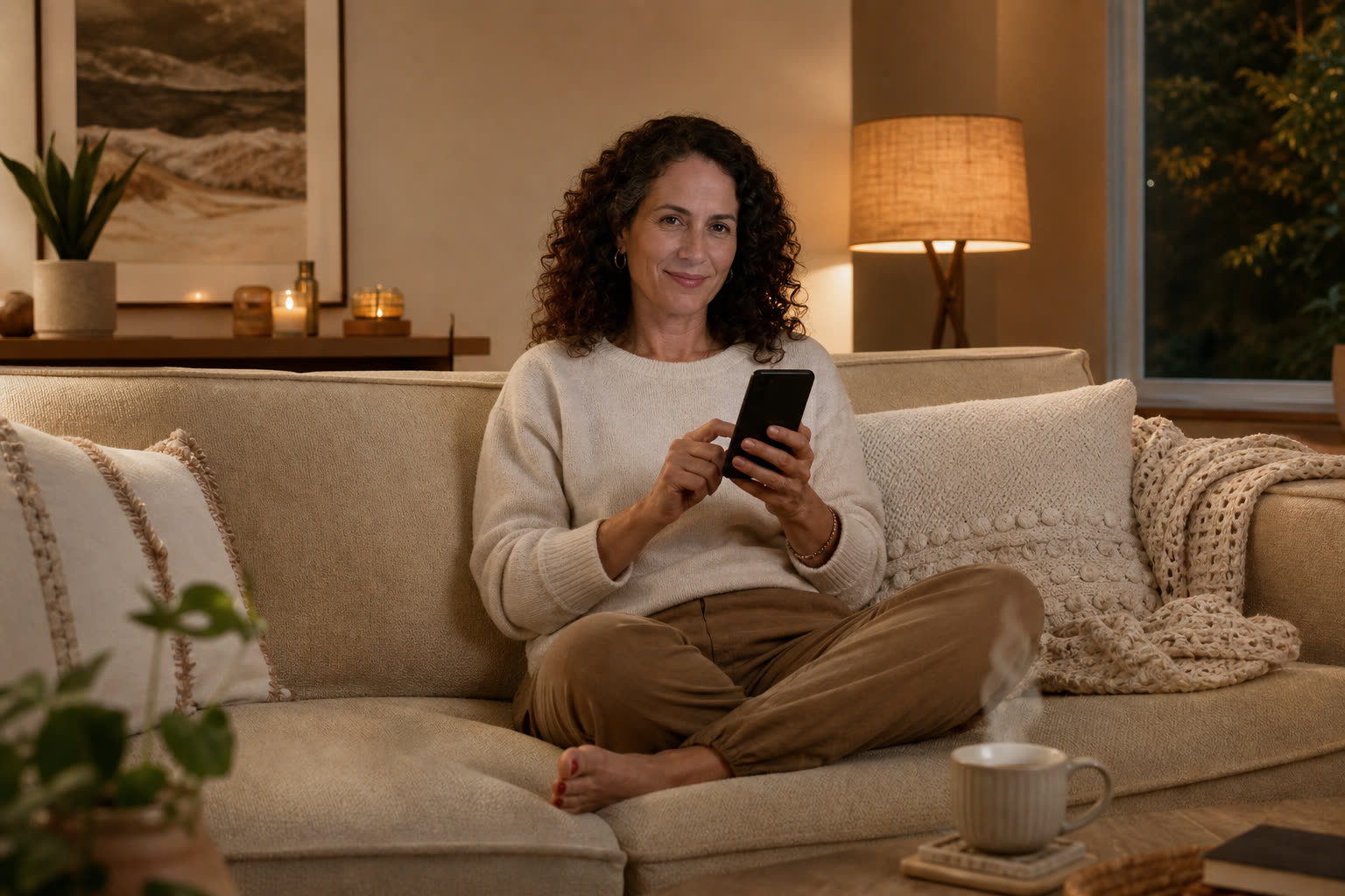 A woman on her sofa in the evening completing a short questionnaire on her phone