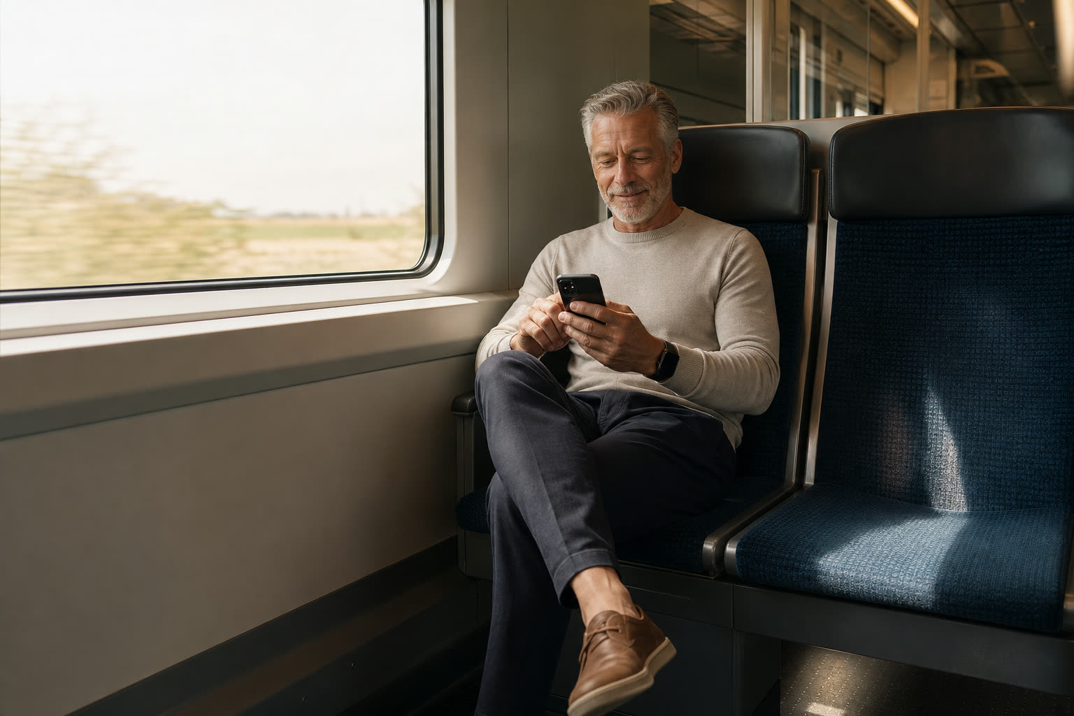 A 60s man with a athletic build answering a short health questionnaire on a phone during a calm commute