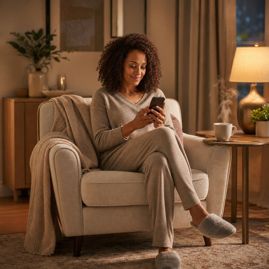 A woman relaxing in a cream armchair, answering questions on her phone in soft lamplight
