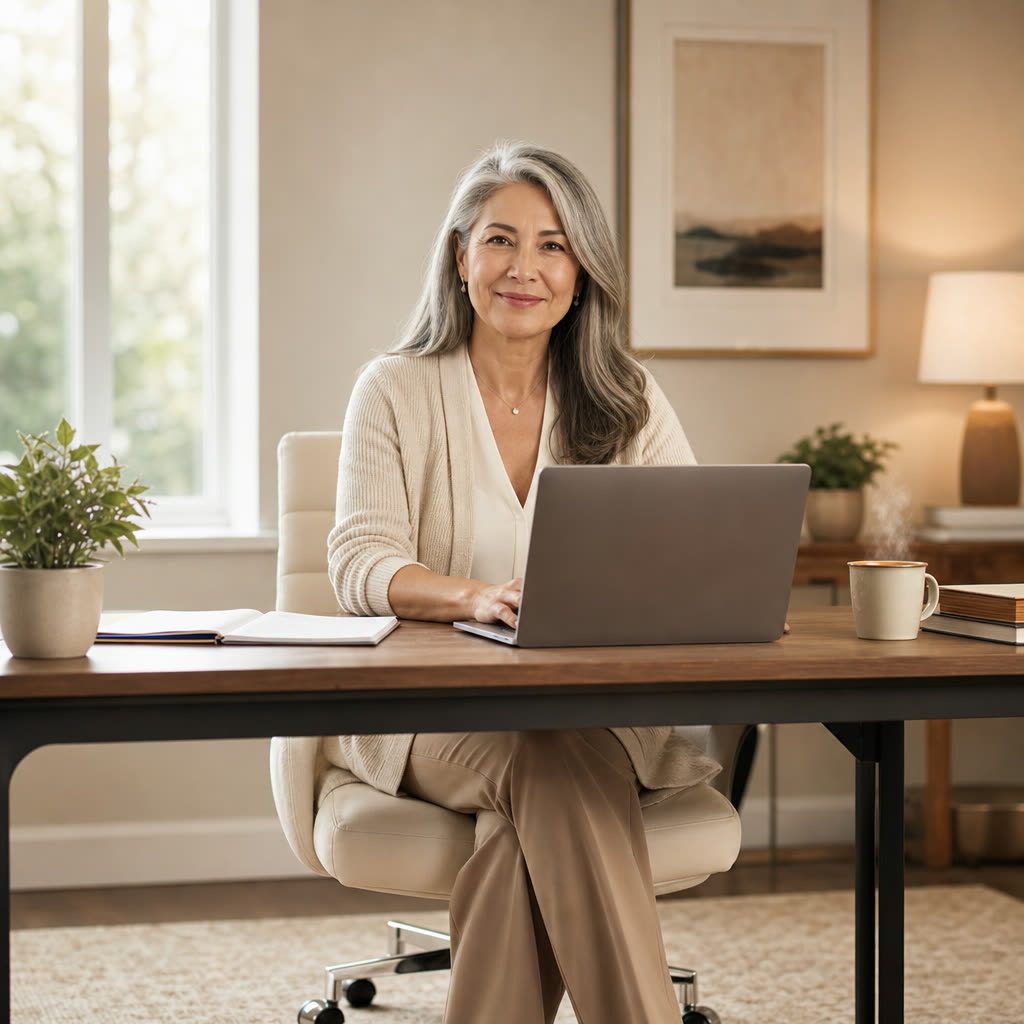 A clinician with silver-streaked hair reviewing notes at a tidy desk in soft light