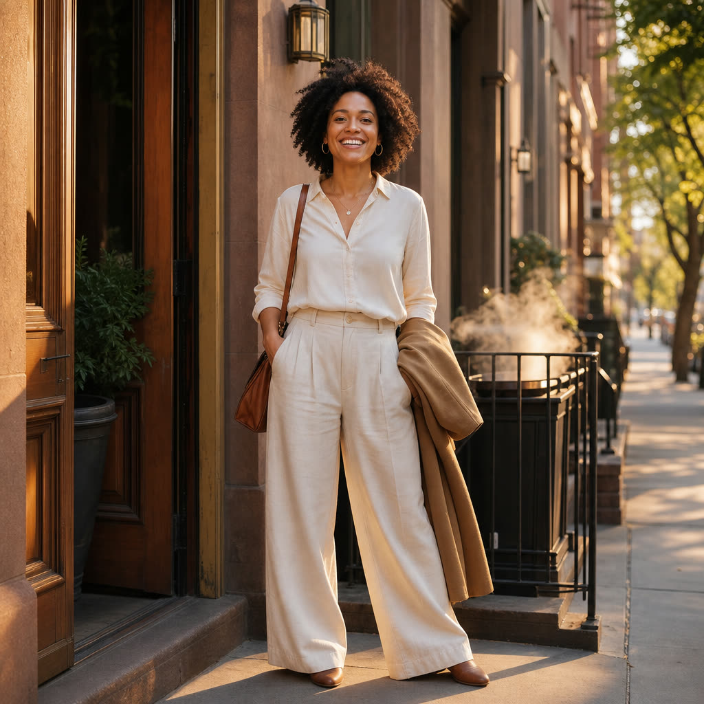 A woman with magnificent natural hair stepping out her front door into morning light, smiling wide