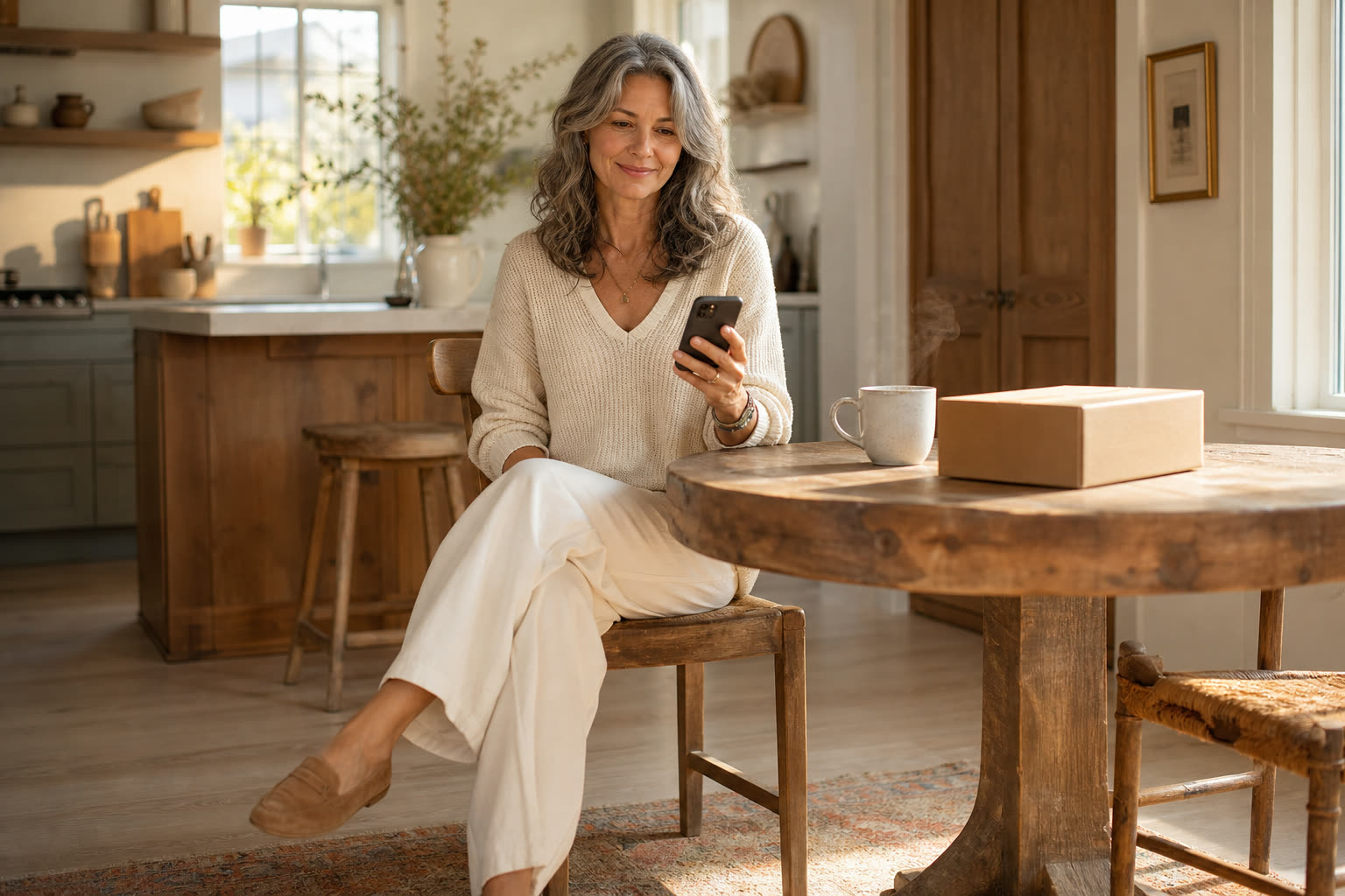 A woman reading a message at a sunlit kitchen table beside a plain unmarked delivery box