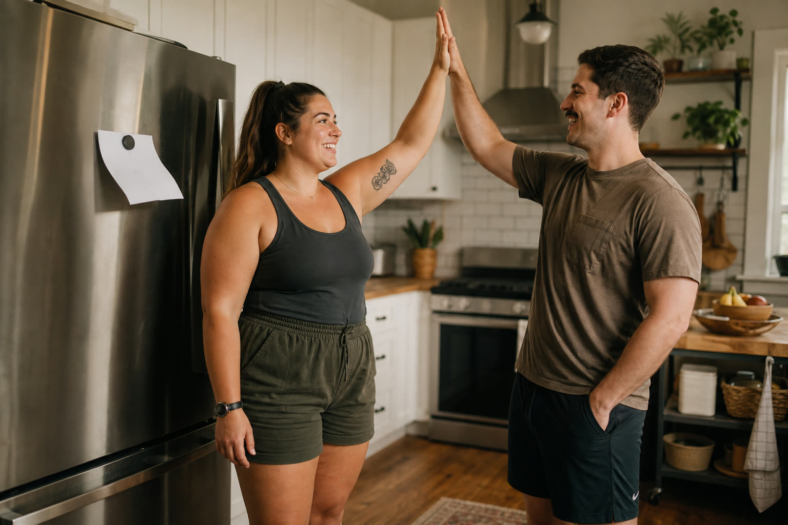 A late 20s woman with a broad-shouldered stocky build high-fiving their partner in the kitchen over a milestone note on the fridge