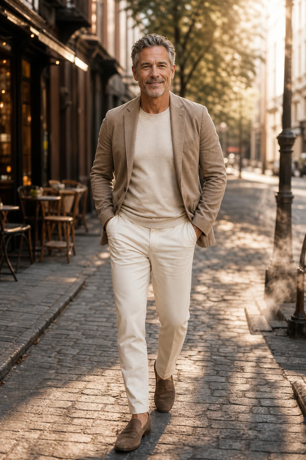 A fit man in his 50s walking a sunlit street with easy confidence, mid-smile