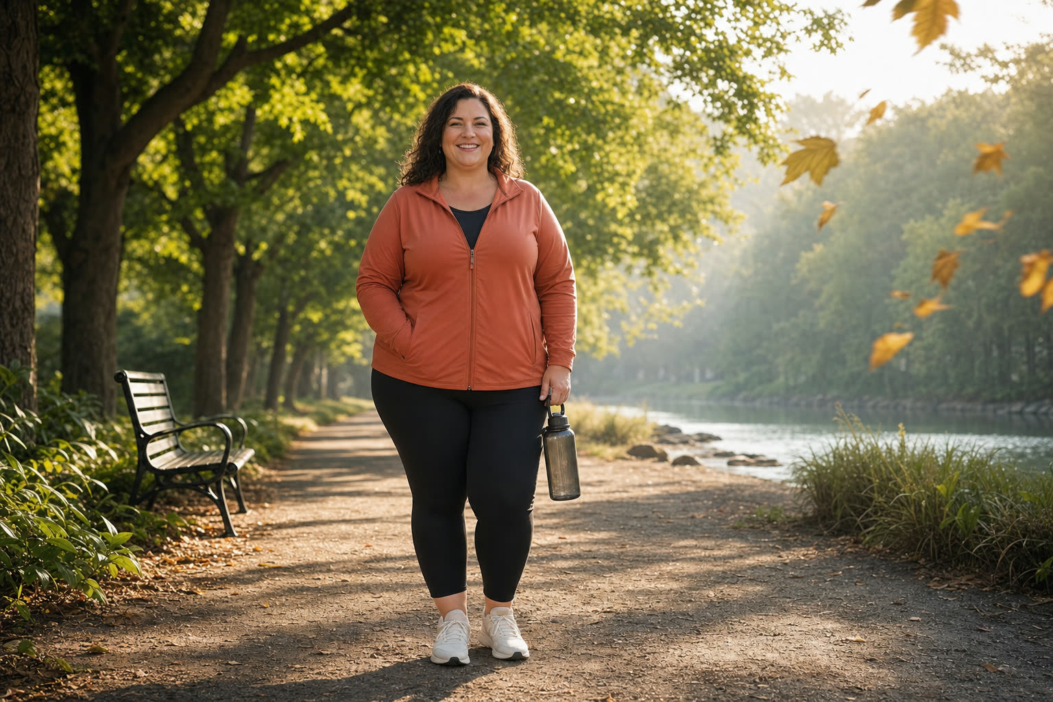 A curvy woman mid-journey walking a park path with regal posture and a big smile
