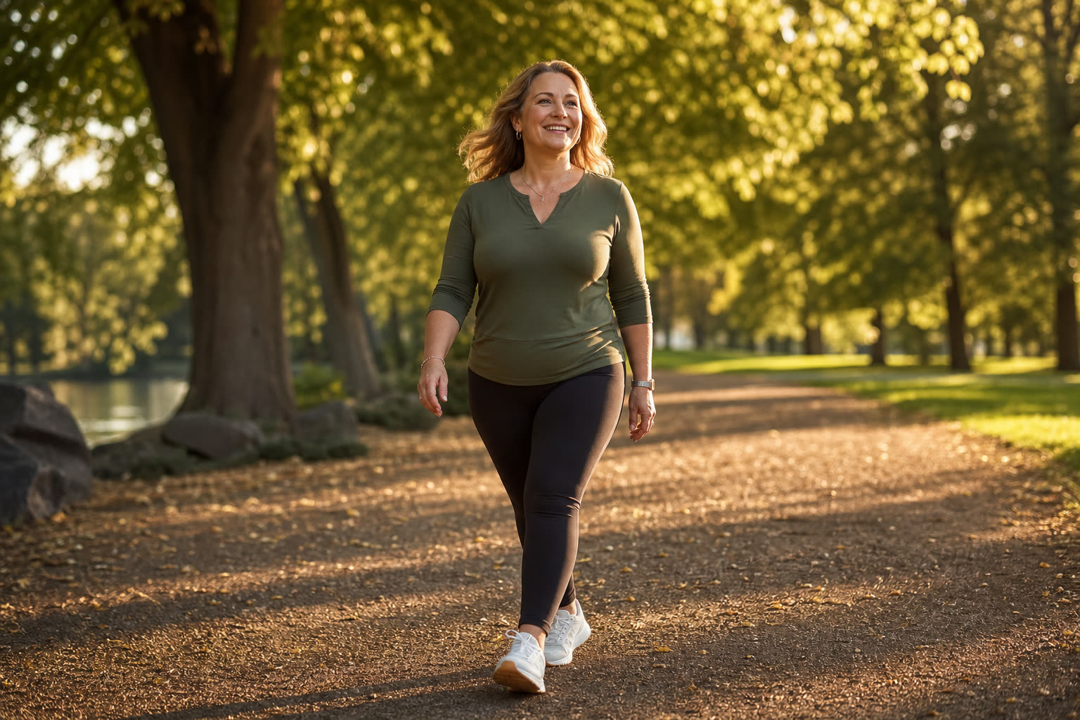 A woman with a soft, strong build power-walking through a park at golden hour, head high