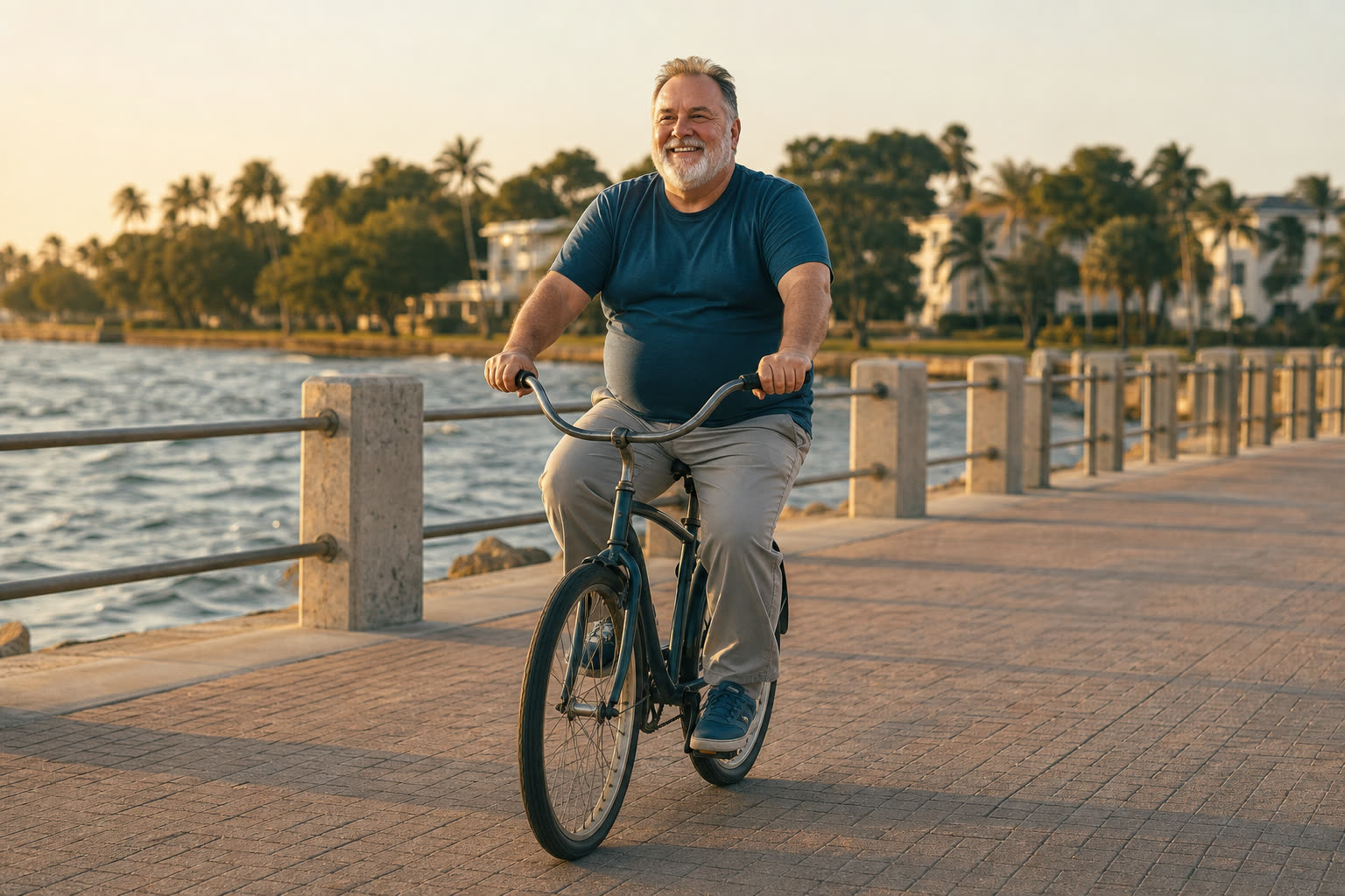 A 60s man with a broad and solid build coasting on a bicycle along a waterfront path, joyful