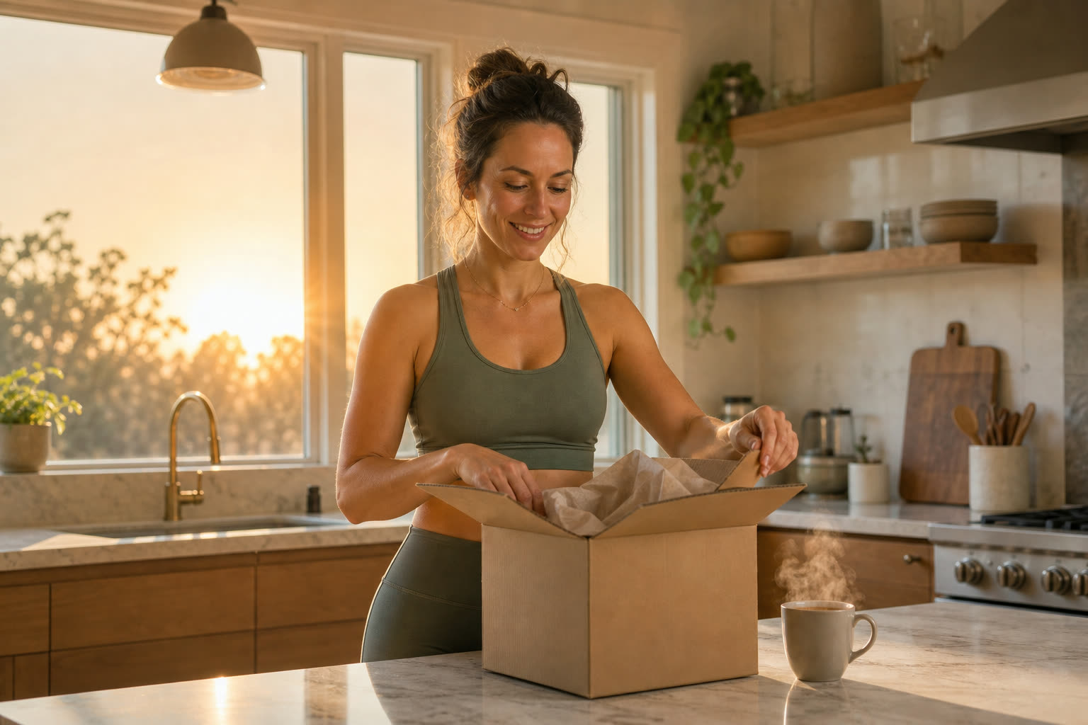 A woman in athletic wear opening a plain unmarked delivery box at sunrise, tea steaming beside her