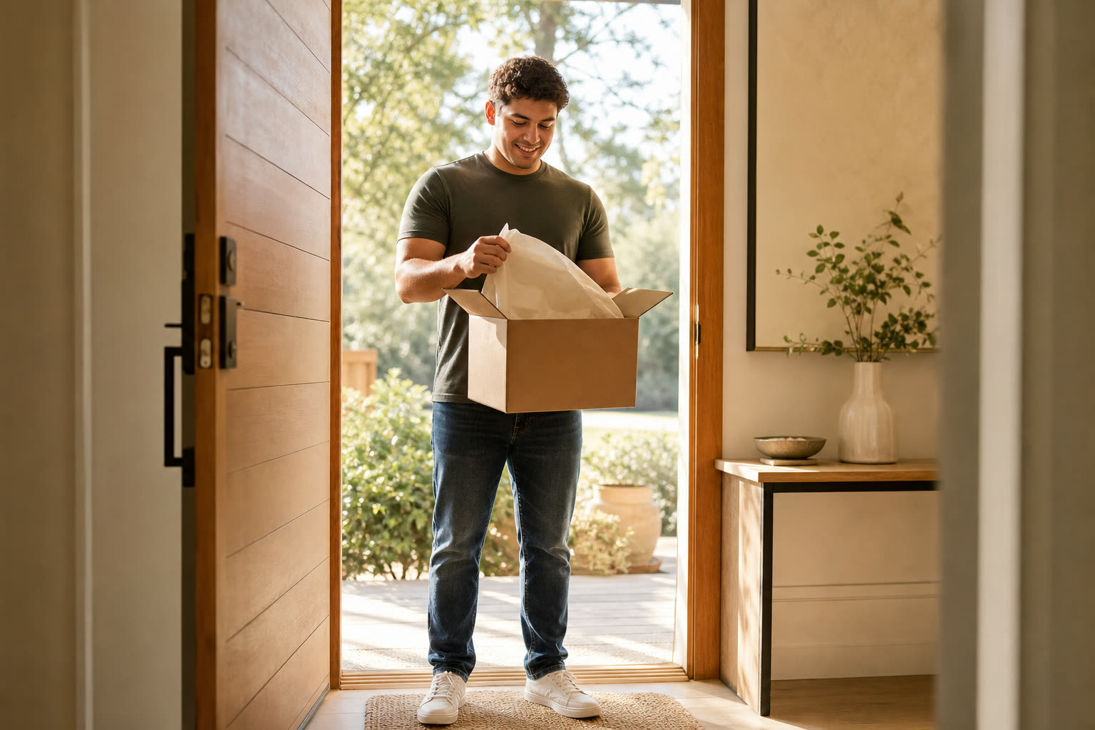 A mid-20s man with a broad-shouldered stocky build opening a plain unmarked delivery box at their front door, pleased