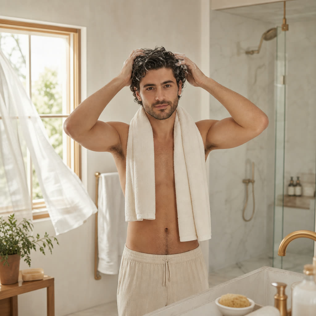 A man working a treatment through his curls at the bathroom mirror in early light
