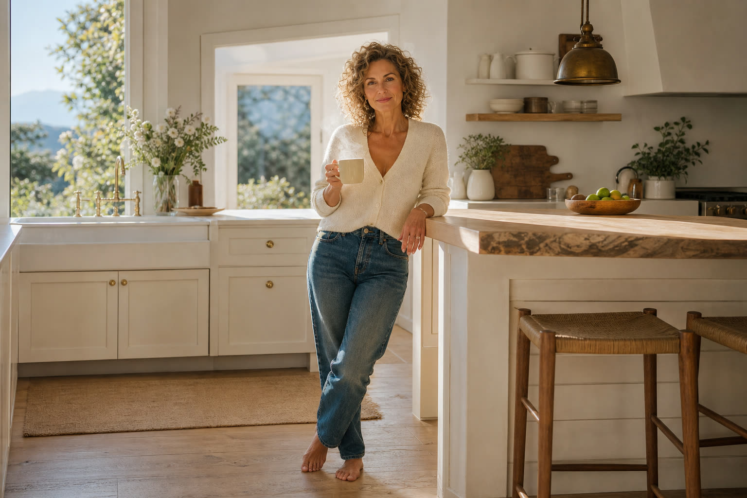 A 60s woman with a lean build with backlit curls in a sunny kitchen, coffee in hand