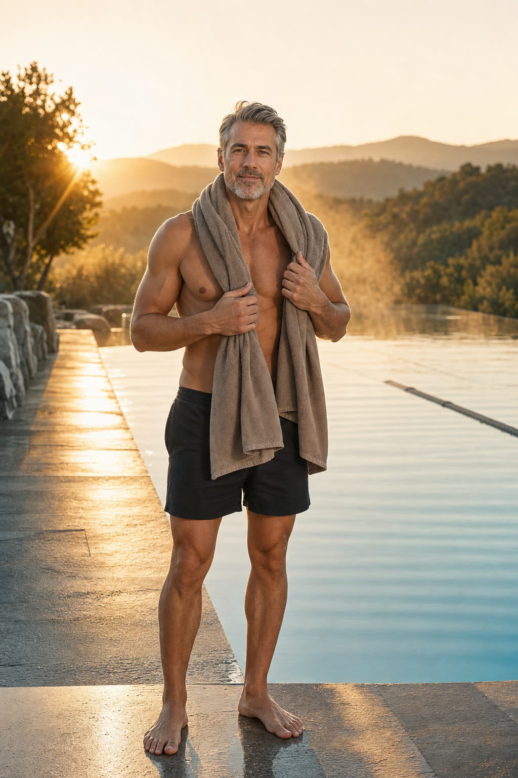 A fit man in his fifties toweling off at the edge of an outdoor pool at sunrise