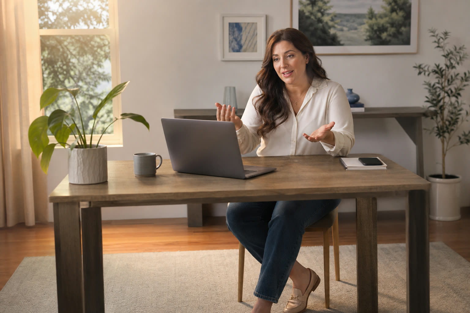 A late 30s woman with a soft curvy build on a clinician video call at a tidy desk, mid-question, engaged