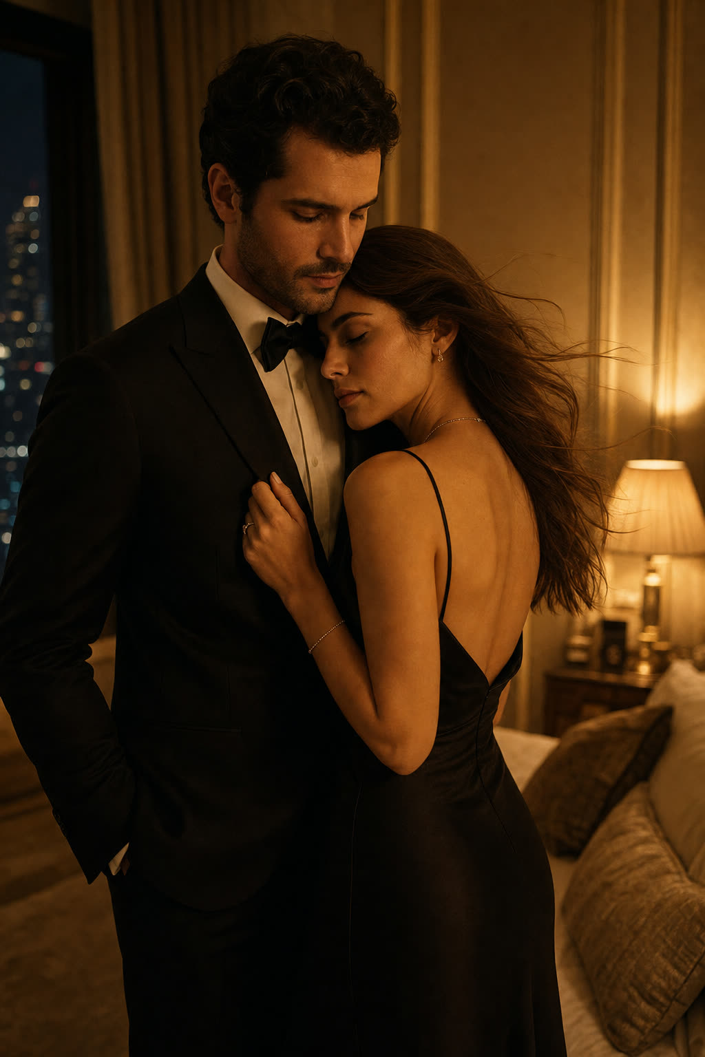 An elegant couple dancing very close by lamplight after dark, foreheads touching