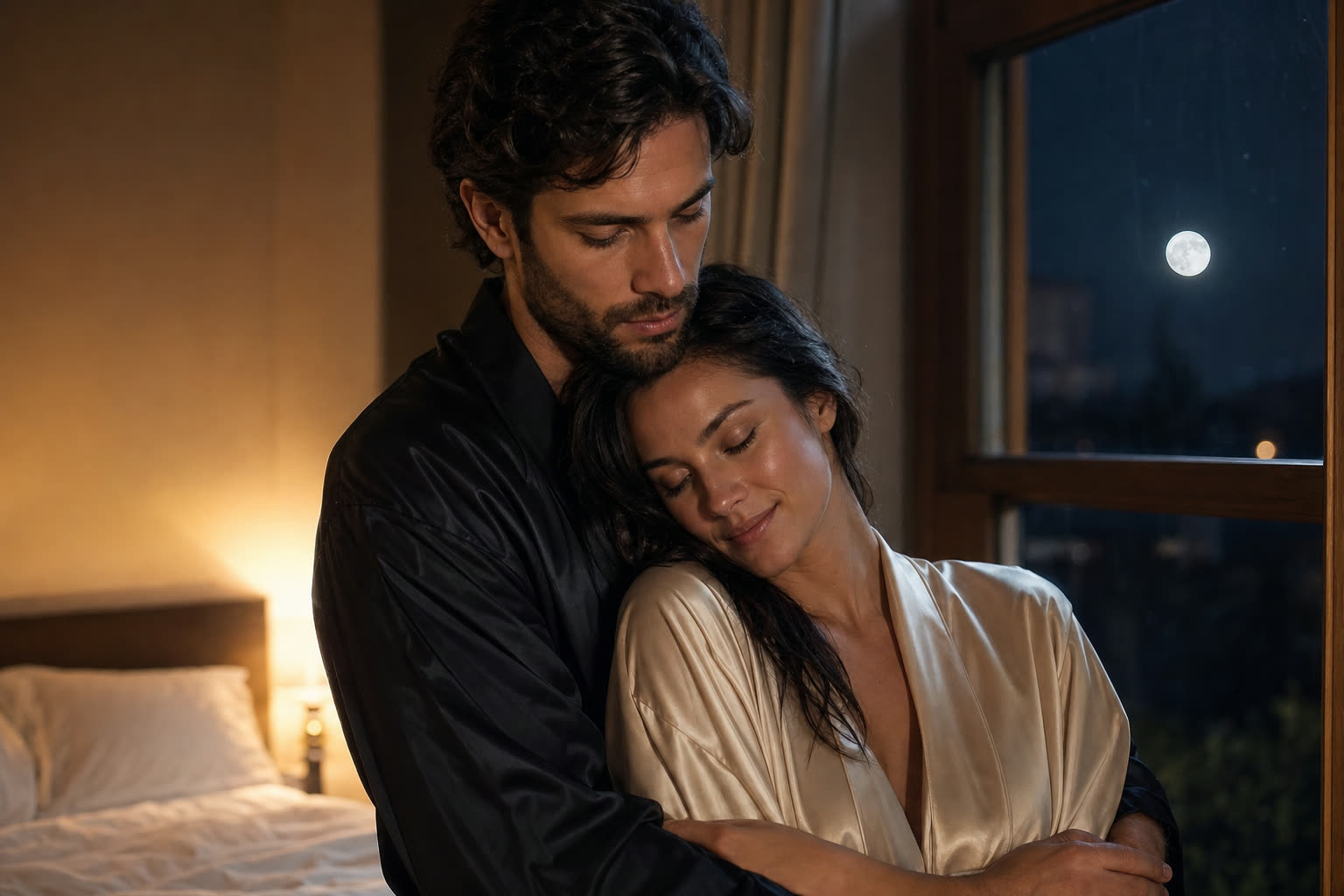 An elegant couple dancing very close in a darkened kitchen at dusk, cheek to cheek
