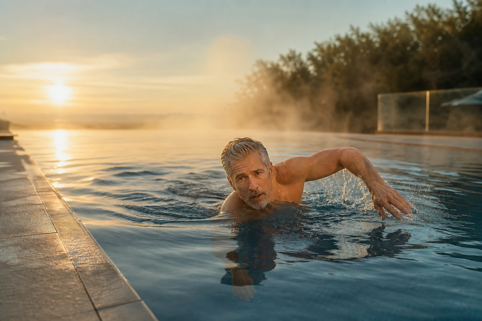 A swimmer mid-stroke in a glassy outdoor pool at sunrise