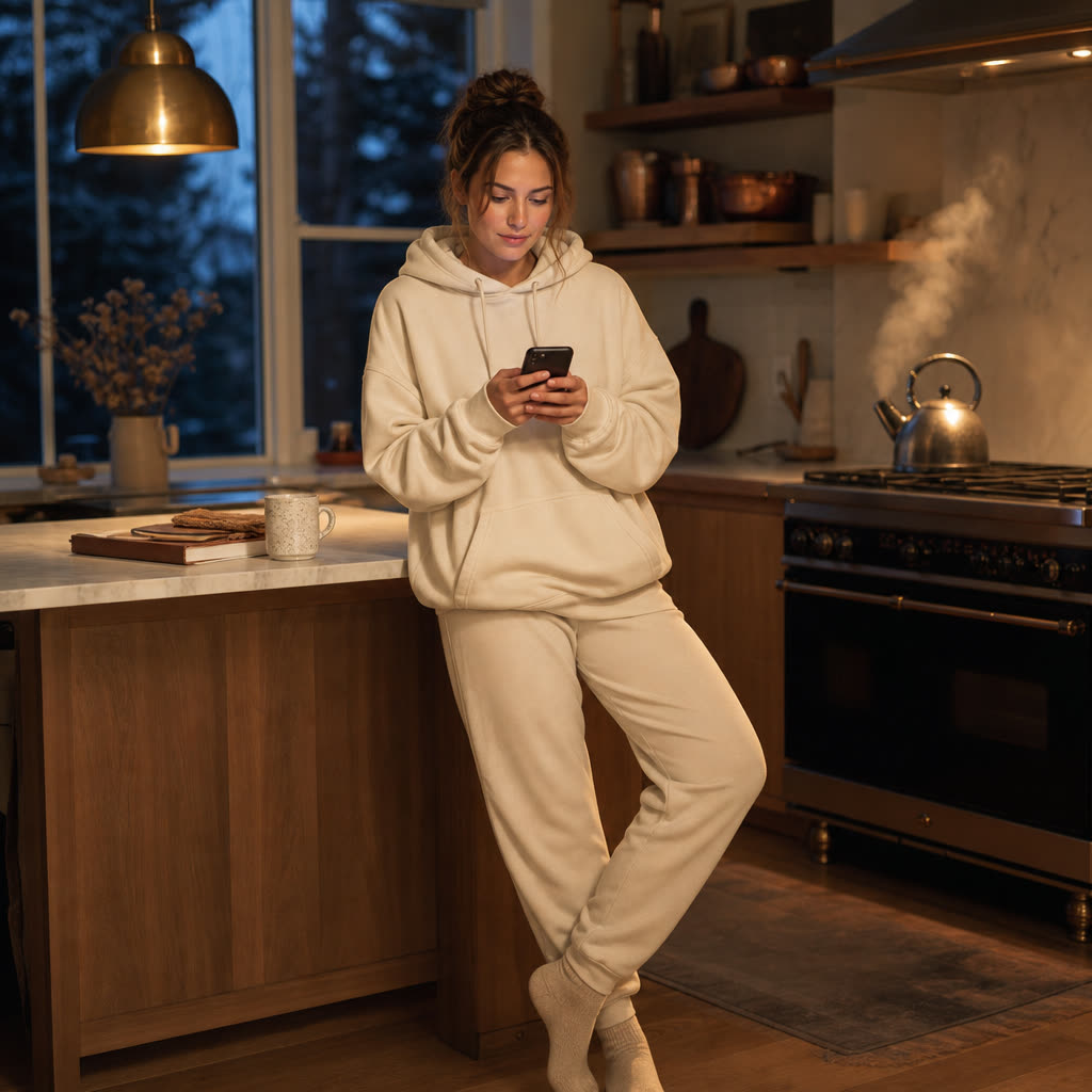A young woman answering questions on her phone at a kitchen counter before dawn, kettle steaming