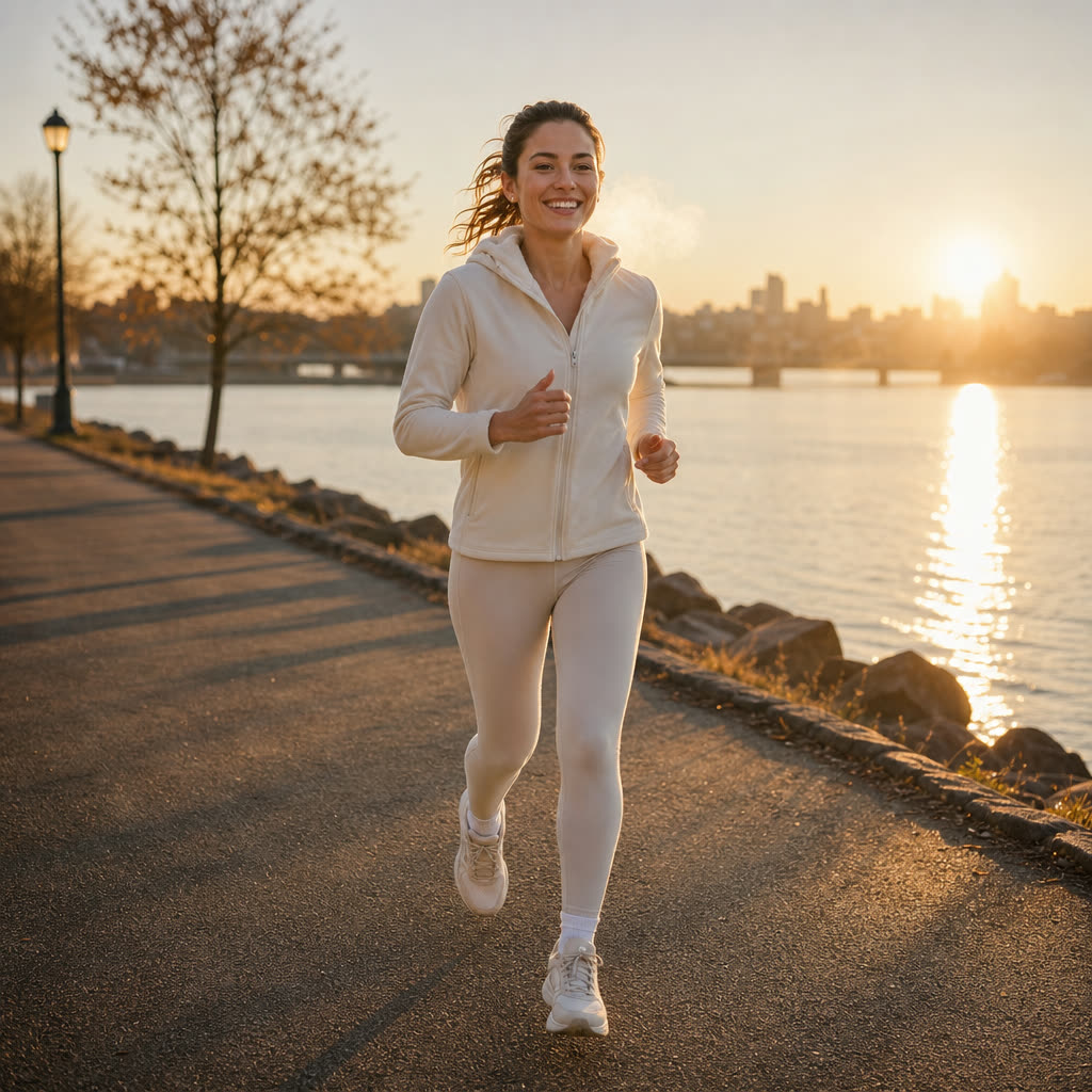 The same young woman running along a waterfront path at sunrise, smiling
