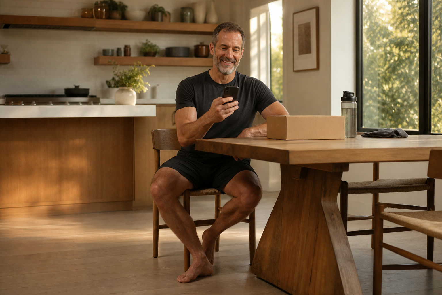 A man reading a message at a sunlit kitchen table after a workout, a plain box beside him