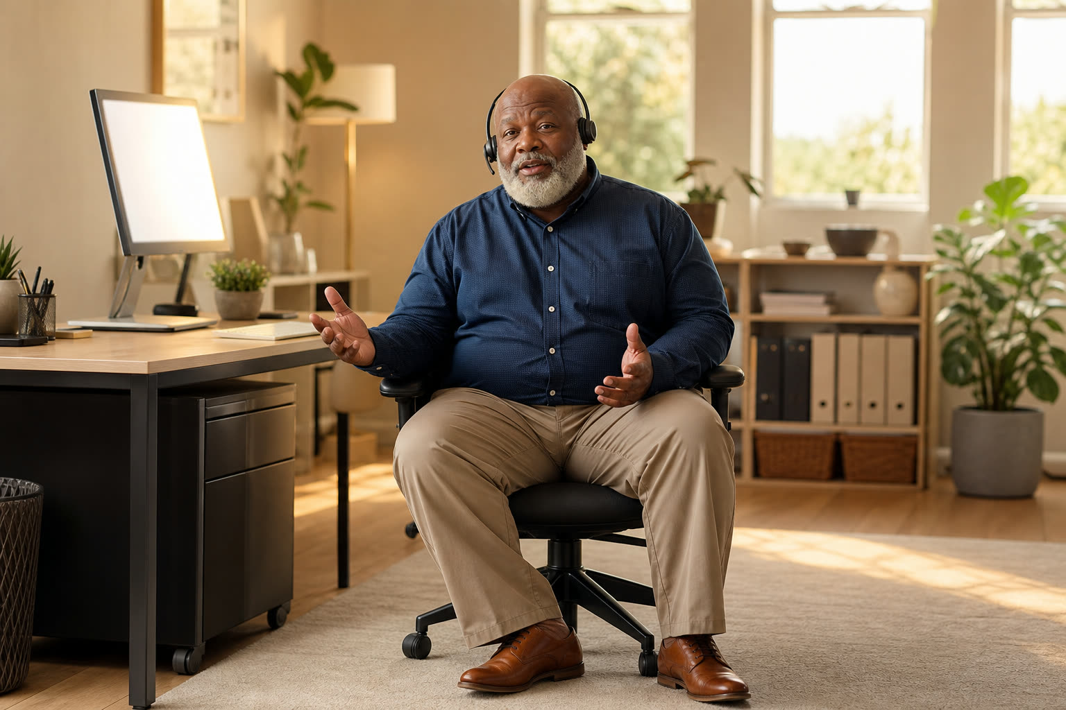 A 60s man with a plus-size build with a headset in a bright modern care office, mid-reassuring-sentence, kind eyes