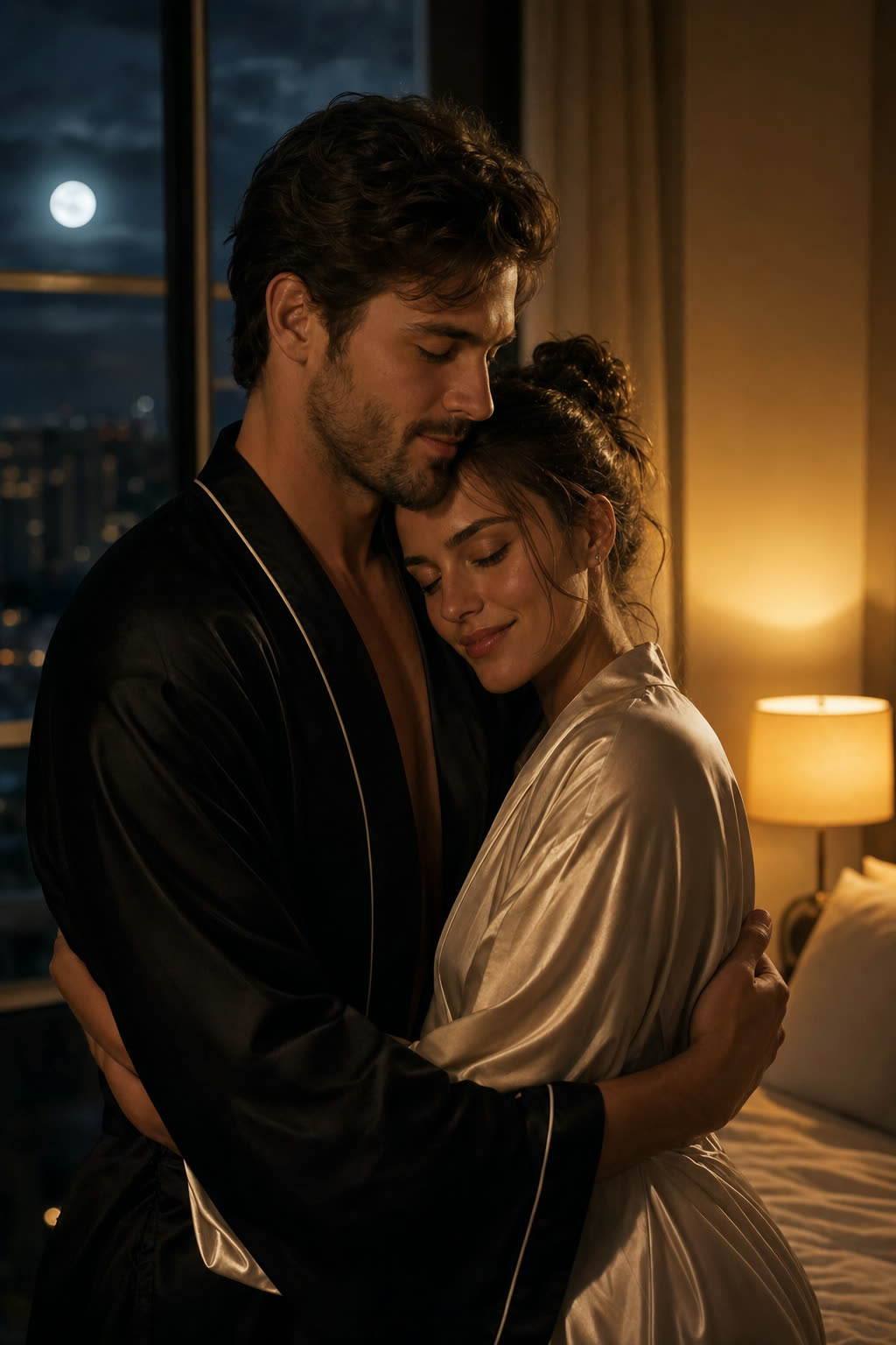 An elegant couple in their fifties dancing very close on a porch at dusk, cheek to cheek