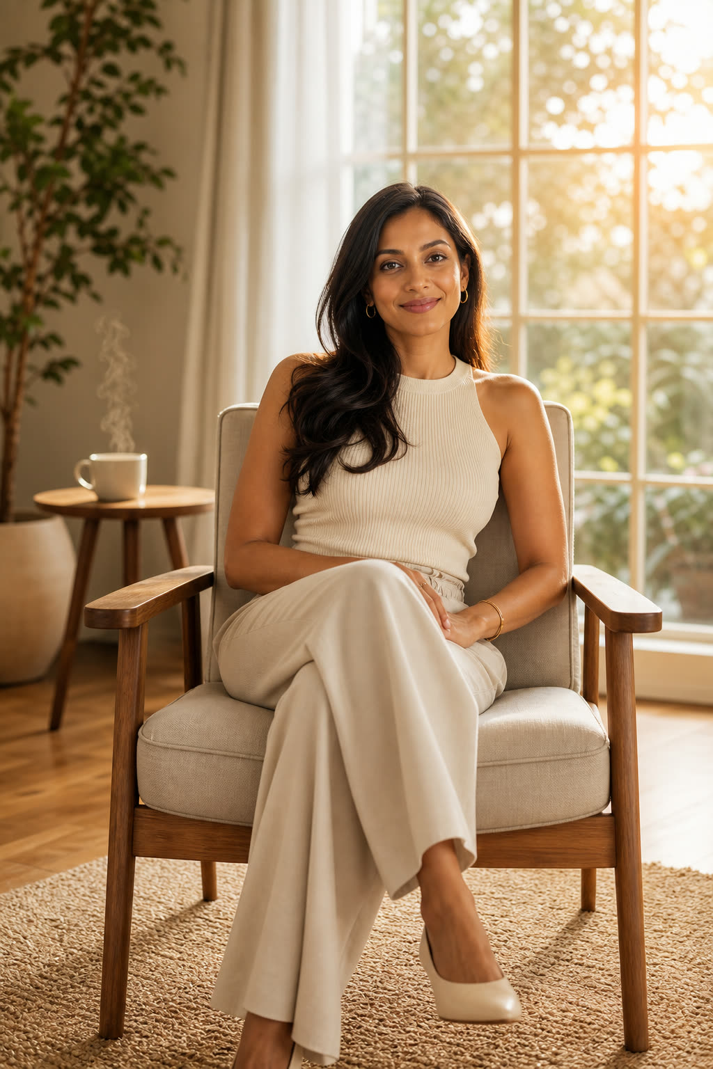 A woman with glossy dark hair backlit by sunrise through a tall window, smiling