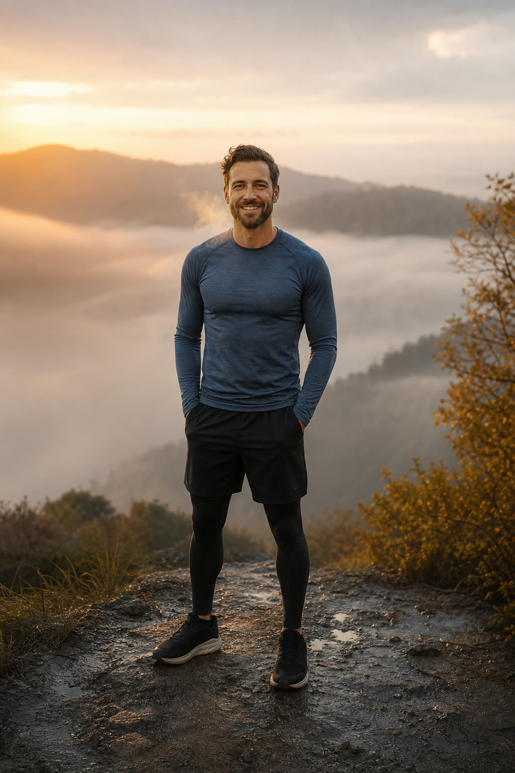 A trail runner grinning on a misty overlook at dawn, breath visible in the cool air