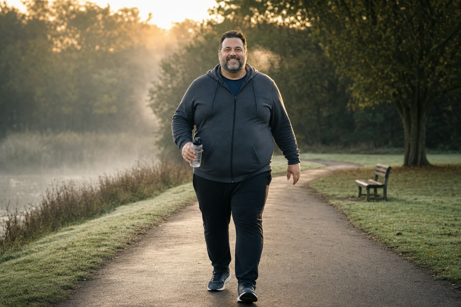 A heavier man mid-journey power-walking up a misty park path at dawn