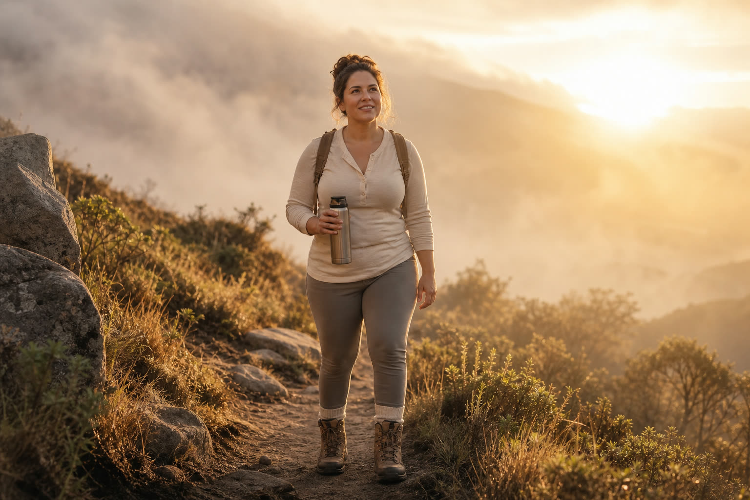 A hiker with a soft, strong build climbing a misty trail at dawn, thermos in hand
