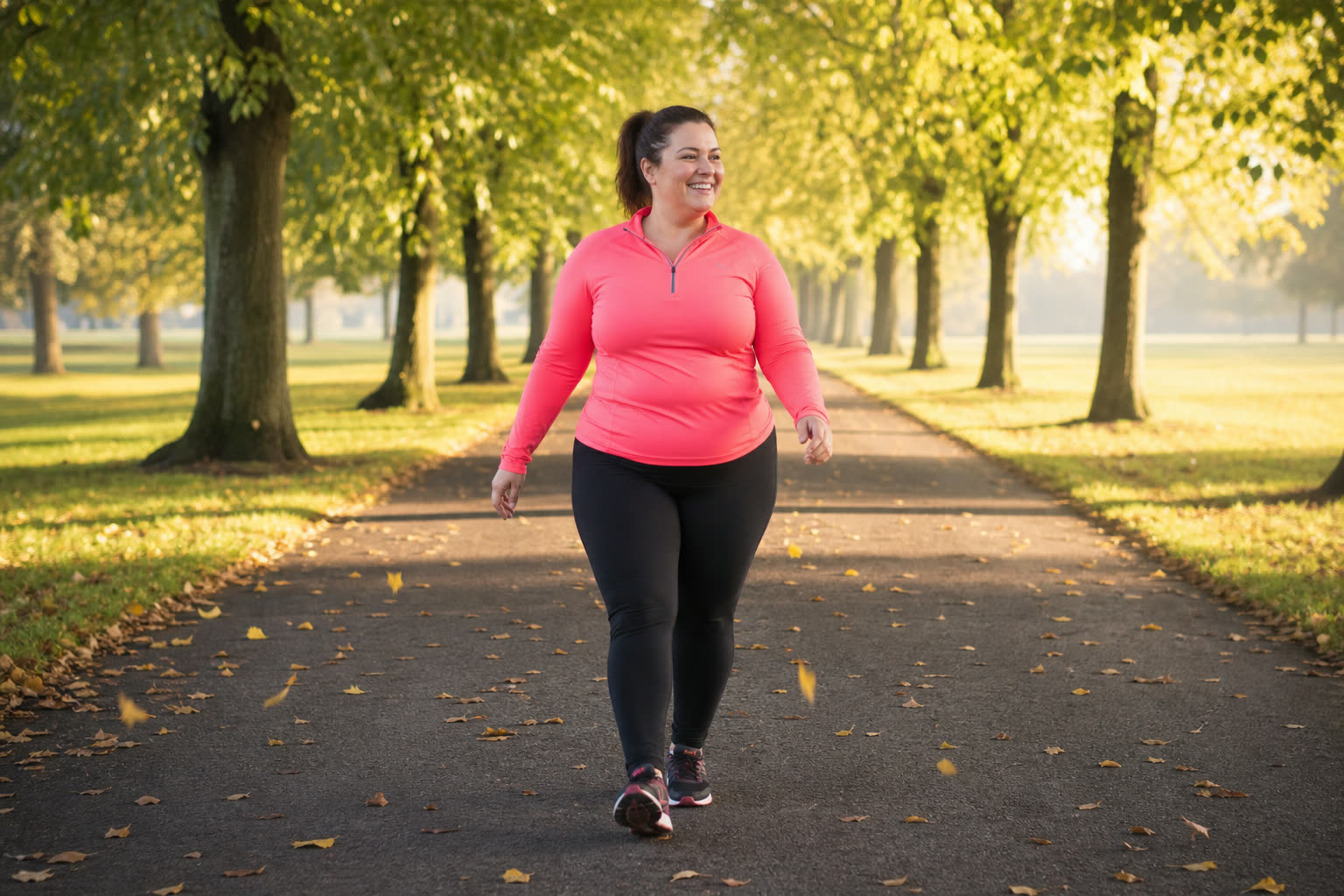 A late 30s woman with a soft curvy build walking a tree-lined path at sunrise in bright activewear, mid-stride and smiling