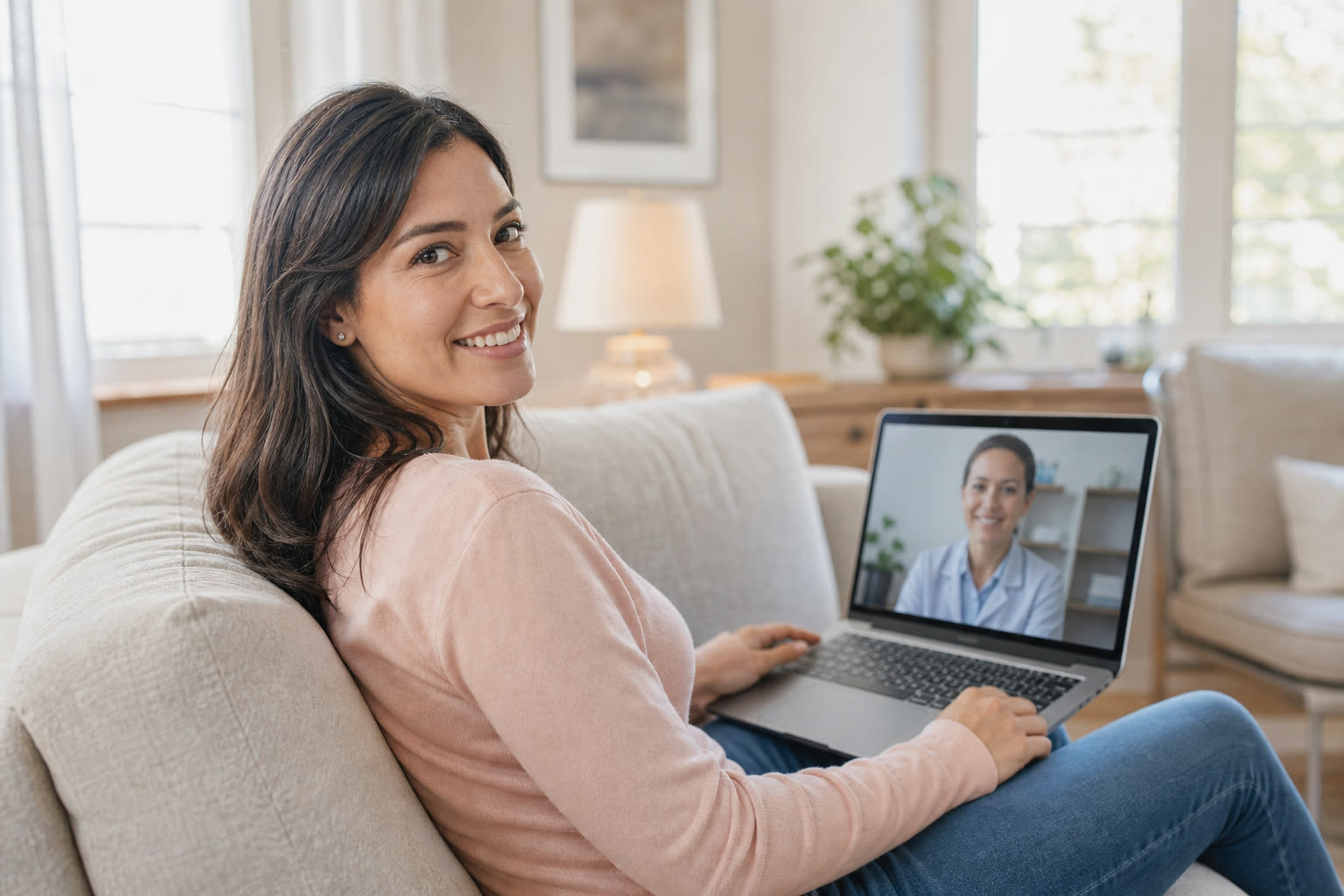 A woman relaxes on her sofa with a laptop, mid video visit, smiling at the clinician on her screen