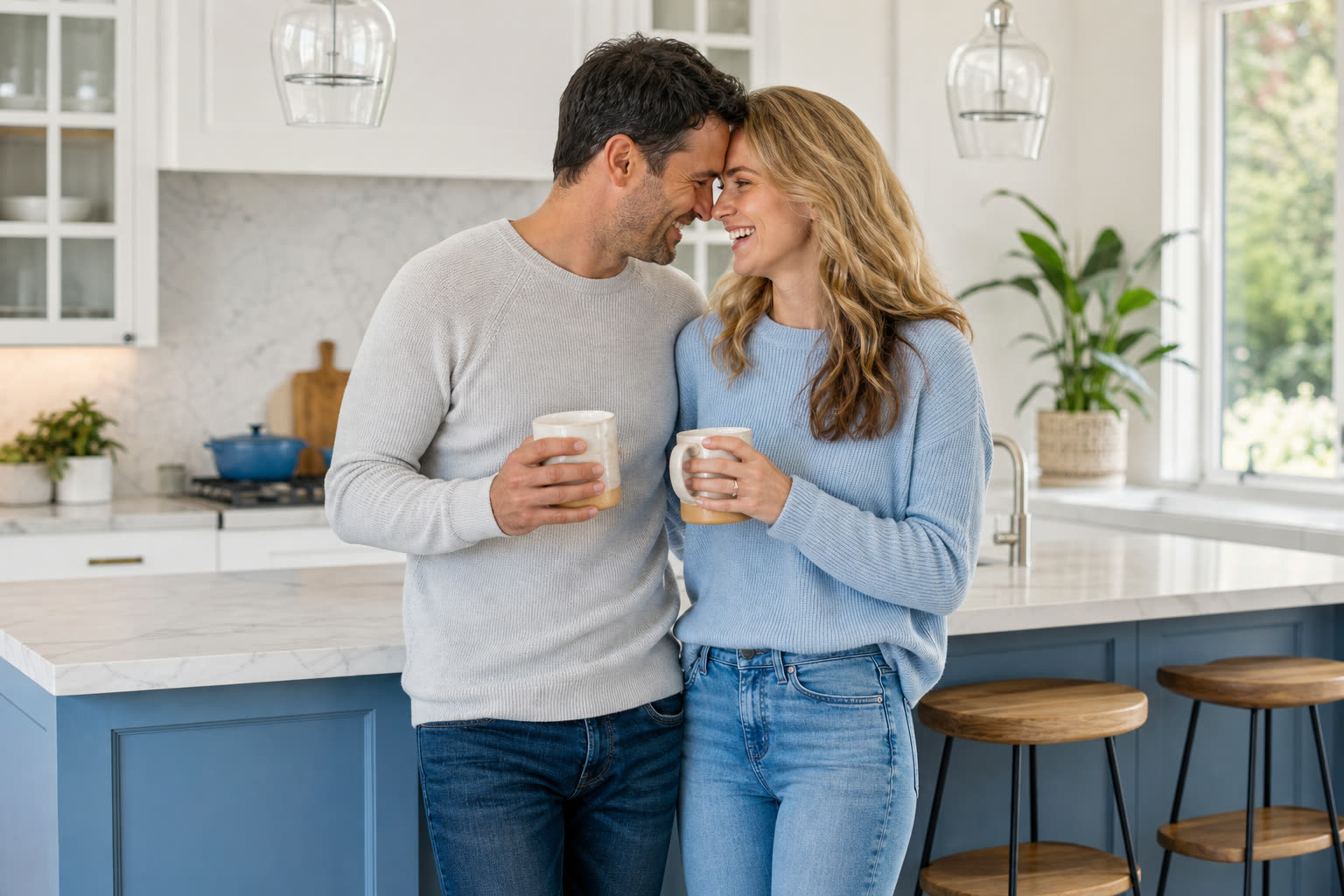 A couple in their forties share coffee and quiet laughter at a sunlit kitchen table, at ease with each other