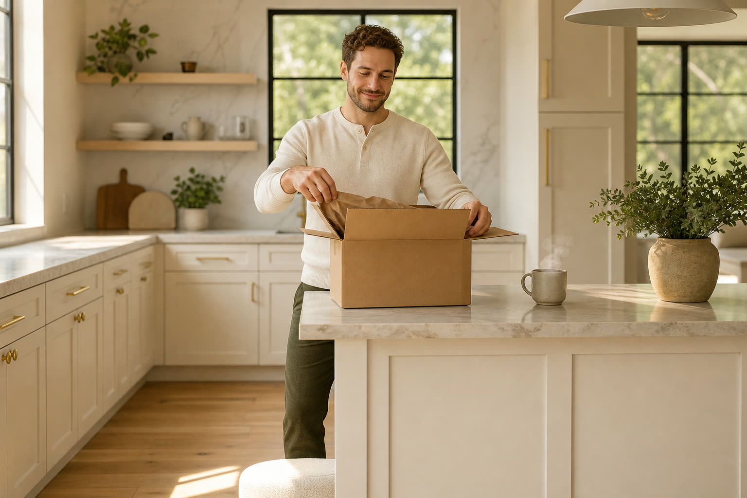 A man opening a plain unmarked delivery box at his kitchen counter, tea steaming beside him