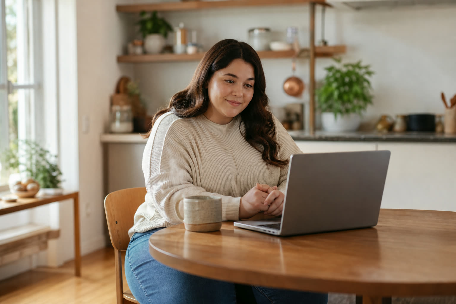 A early 20s woman with a plus-size build in a video visit with a clinician on a laptop at a kitchen table, engaged and reassured