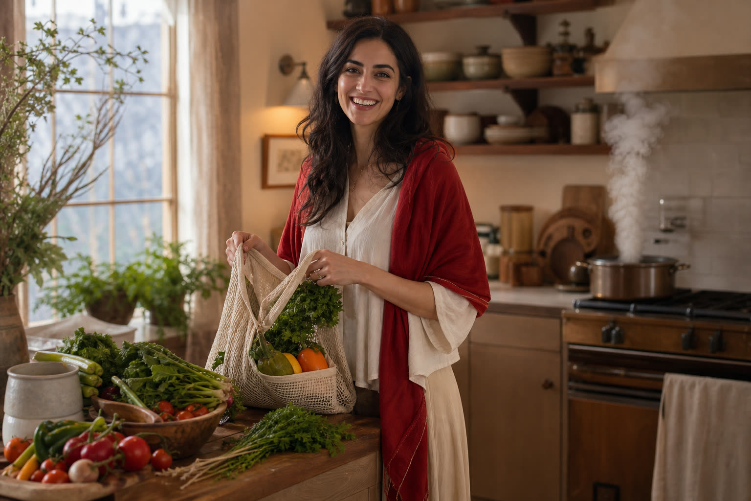 Woman unloading fresh groceries onto a warm kitchen counter, laughing