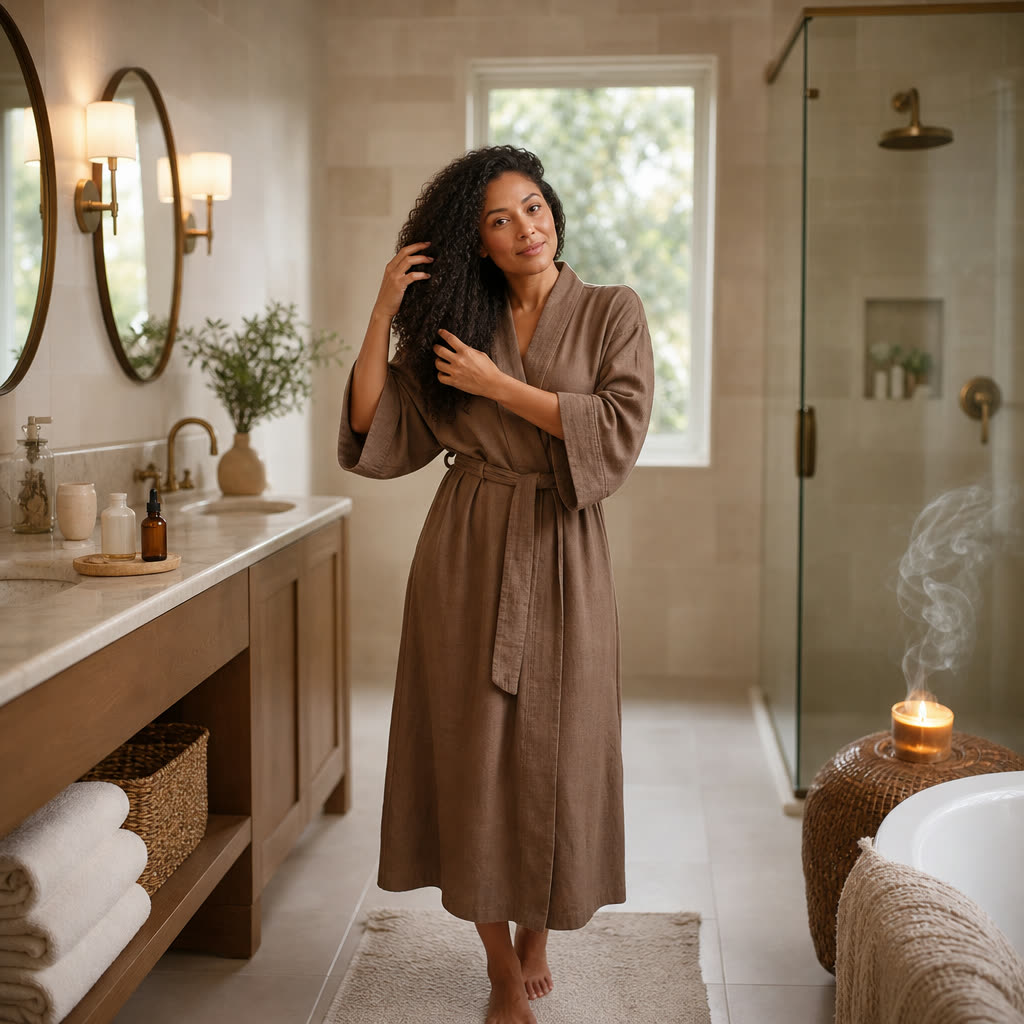 A woman working a hair treatment serum through her hair at her bathroom counter
