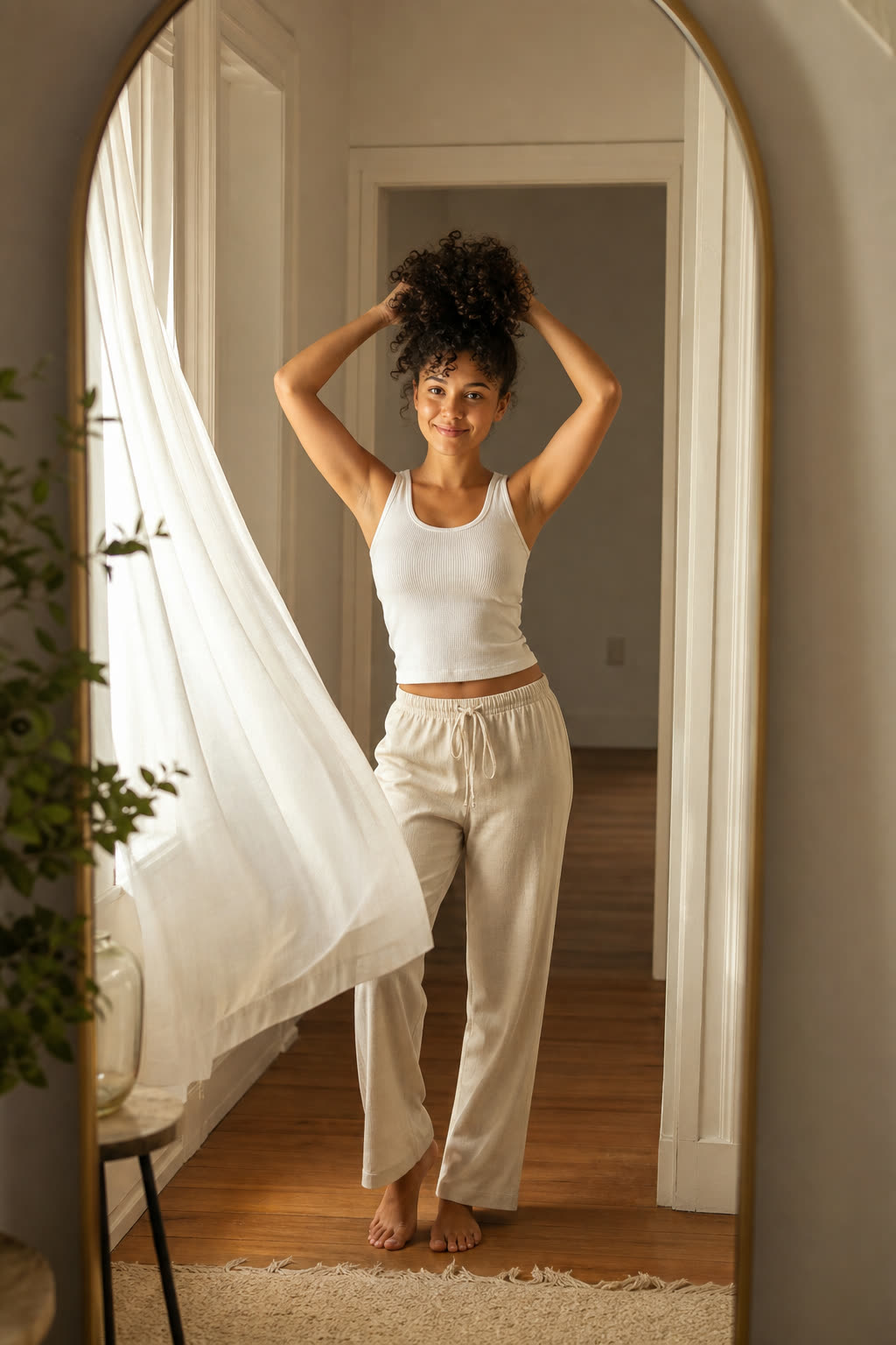 A young woman with magnificent curls tying them up in front of a bright hallway mirror, delighted