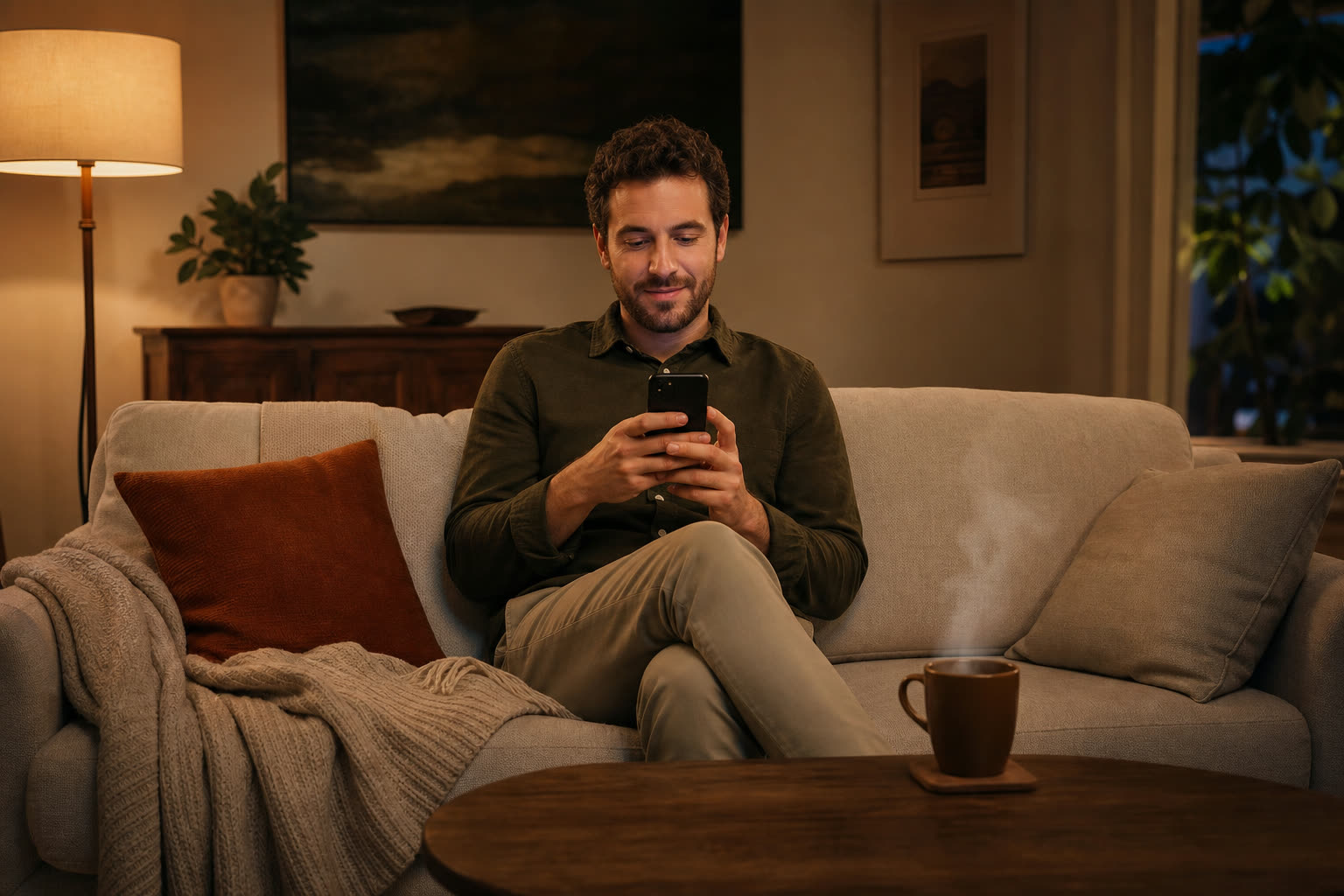 A man on his sofa in the evening completing a short questionnaire on his phone
