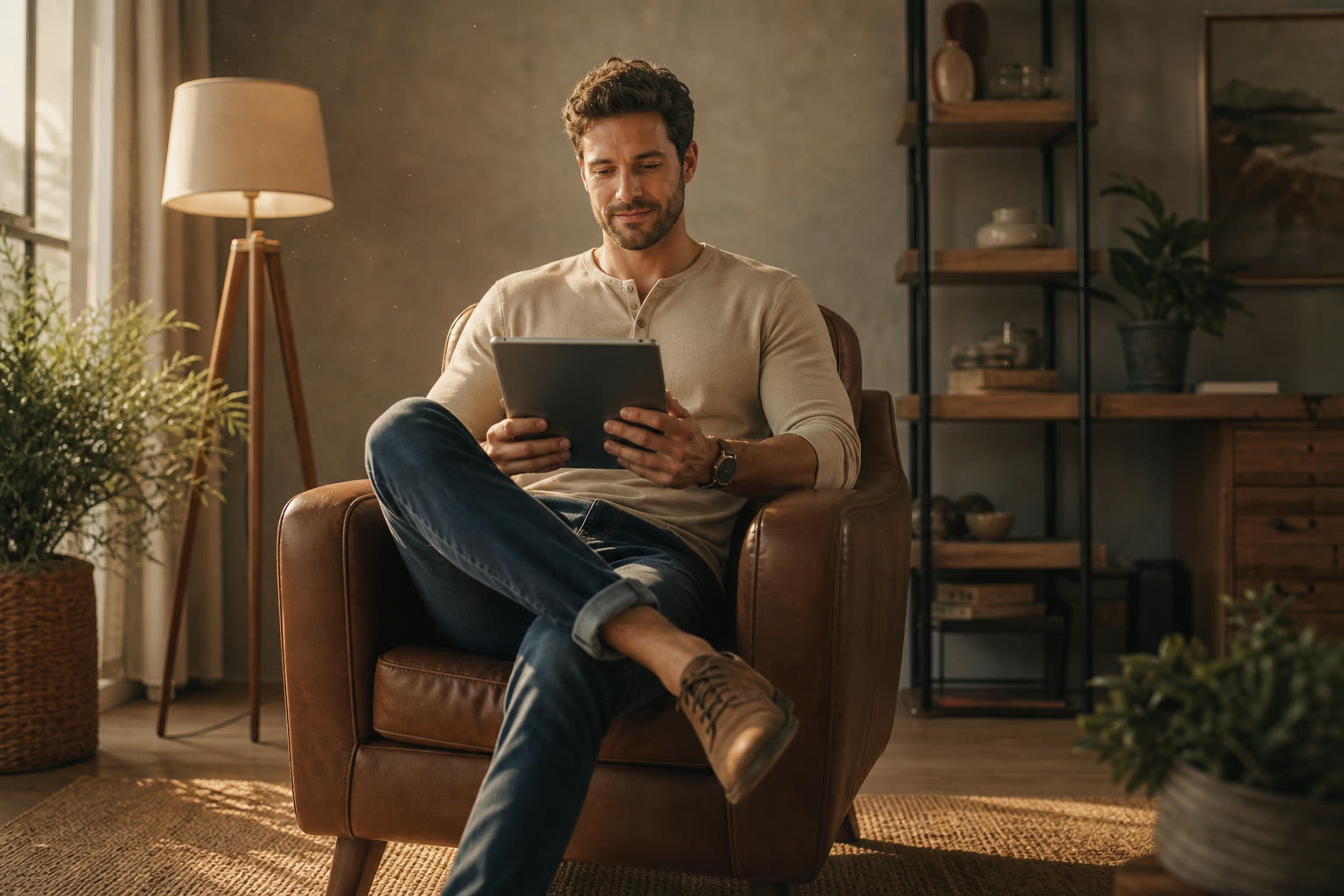 A early 30s man with a fit muscular build reading their plan summary on a tablet in an armchair, nodding