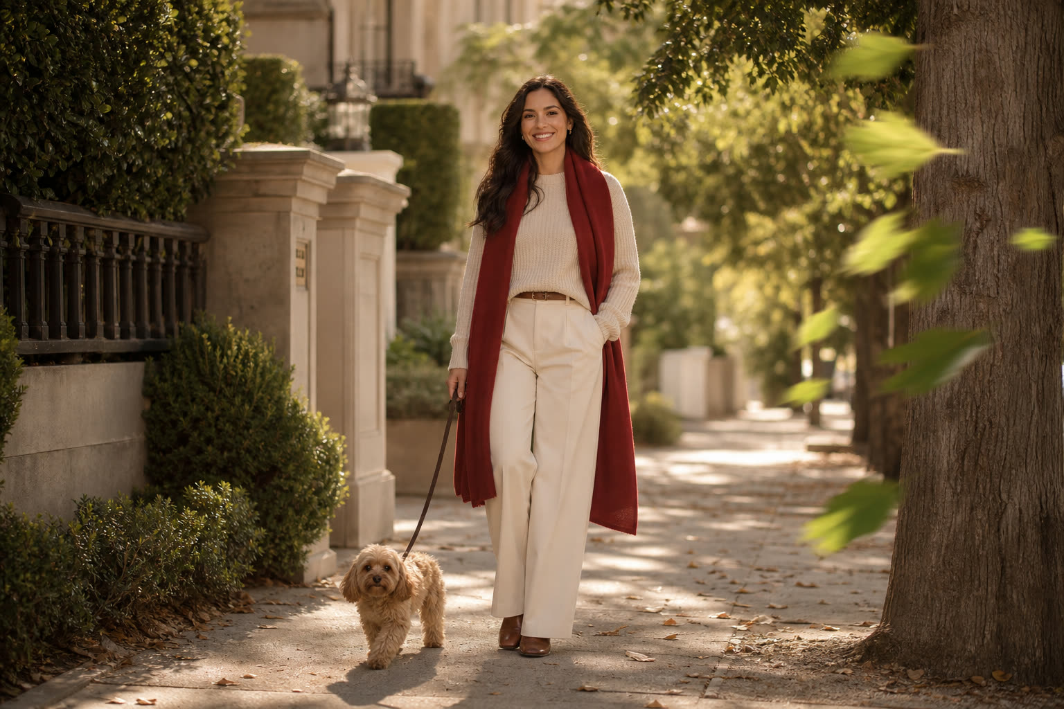 The same woman walking her dog down a leafy sunlit sidewalk in the afternoon