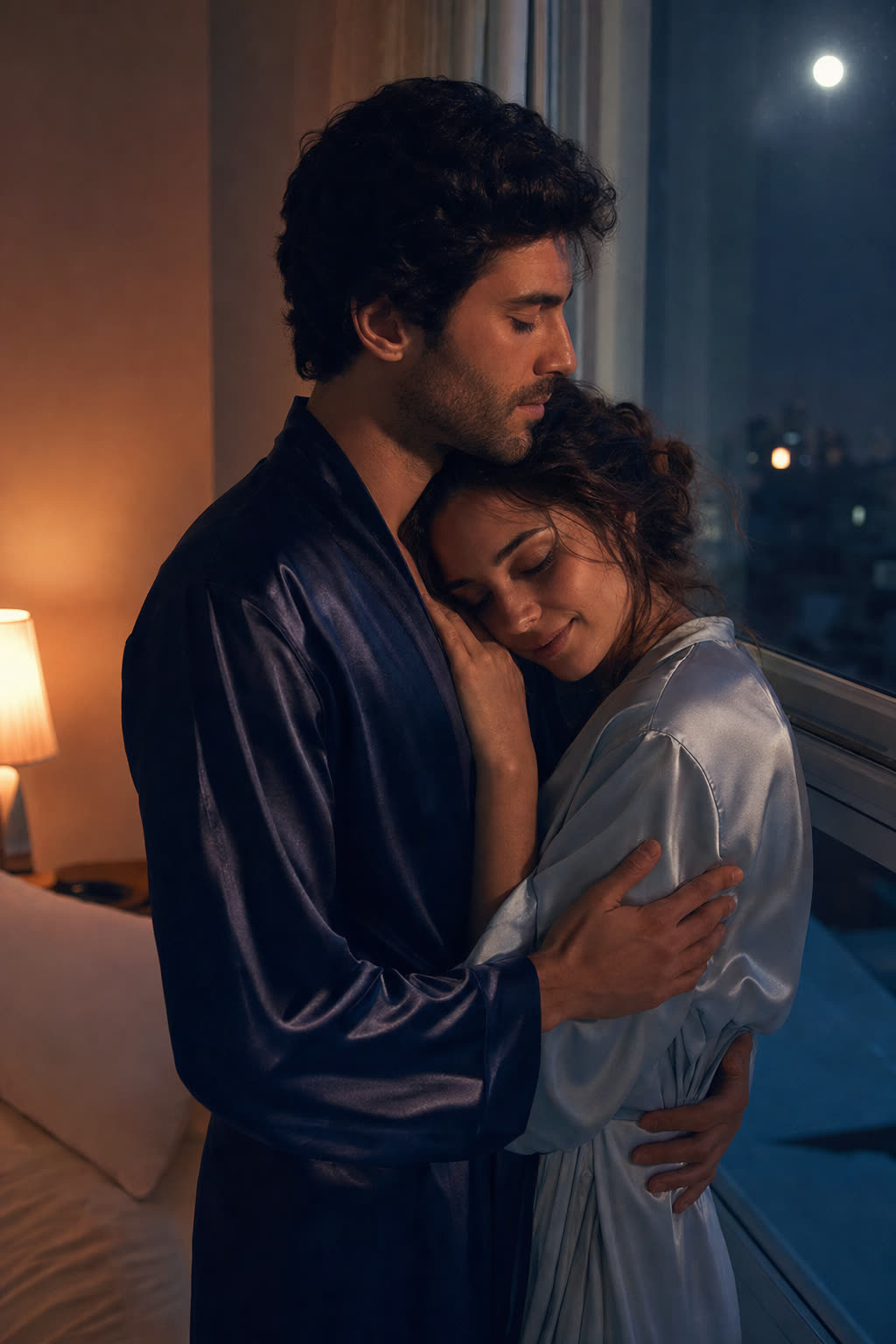 A couple in a close passionate embrace at home in warm evening light