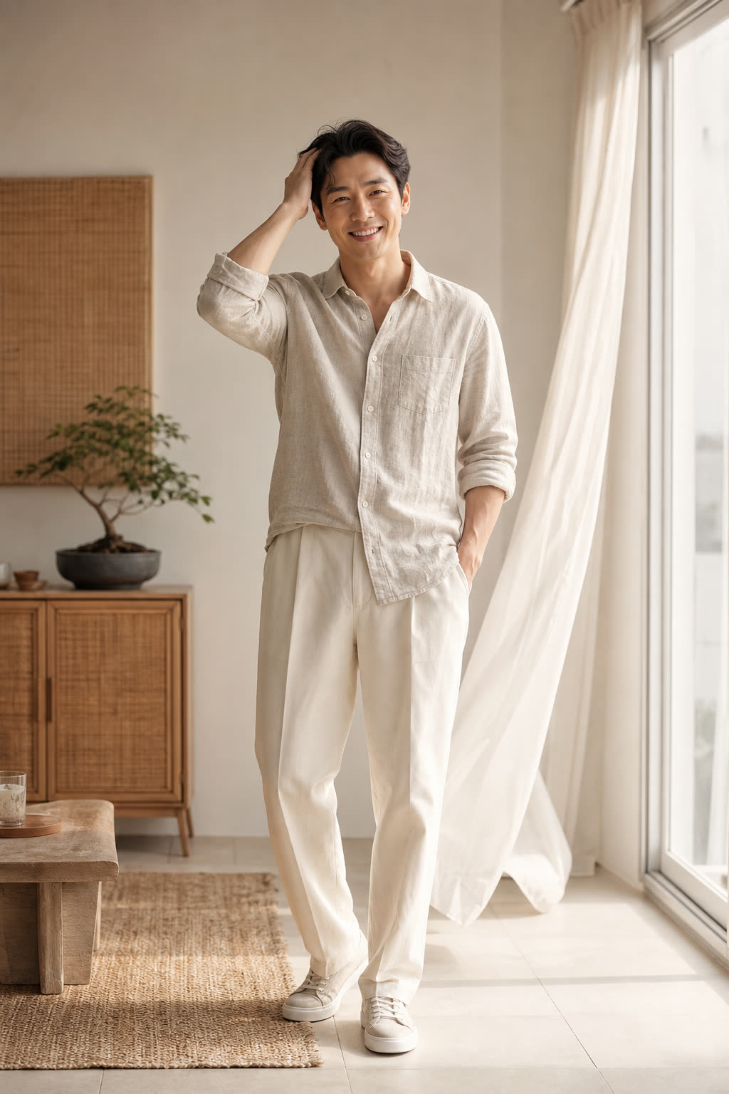 A man running a hand through his thick dark hair with an easy grin by a bright window