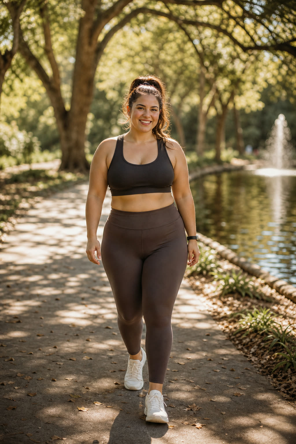A young woman with a soft, strong build mid-walk in the park, grinning in the morning sun