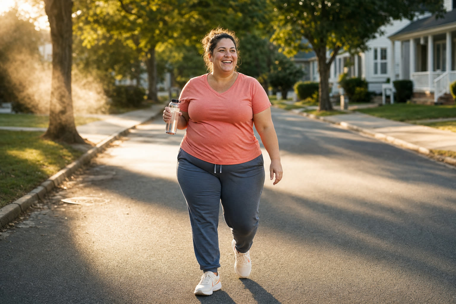 A heavier woman mid-journey walking briskly and laughing on a sunny neighborhood street