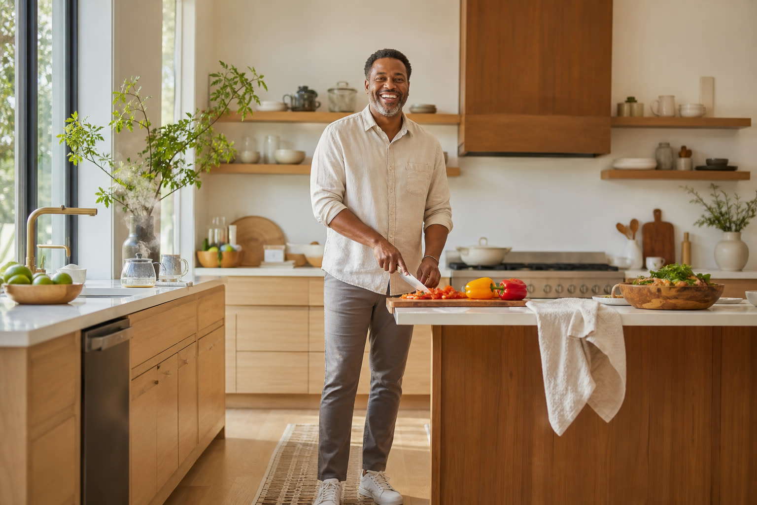 A man with a soft, strong build laughing while he chops vegetables in a bright kitchen