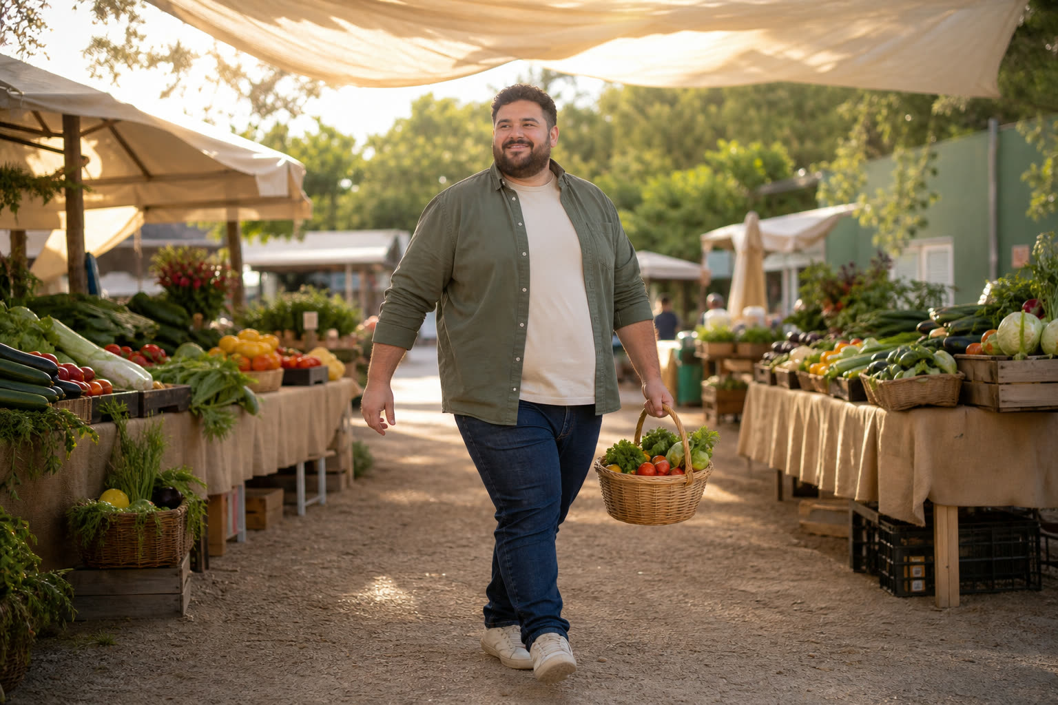 A early 30s man with a stocky build carrying a basket of produce through a farmers market, easy confidence
